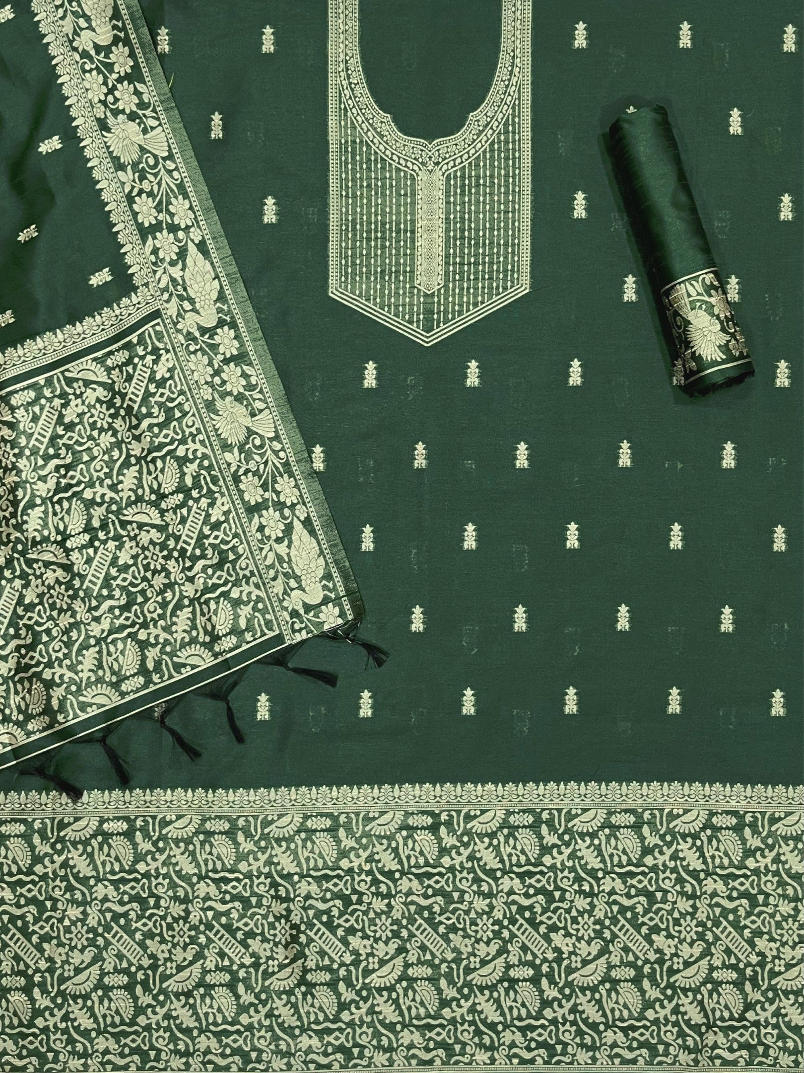 Green Handloom Raw Silk Warli Work Unstitched 3pis Dress Material