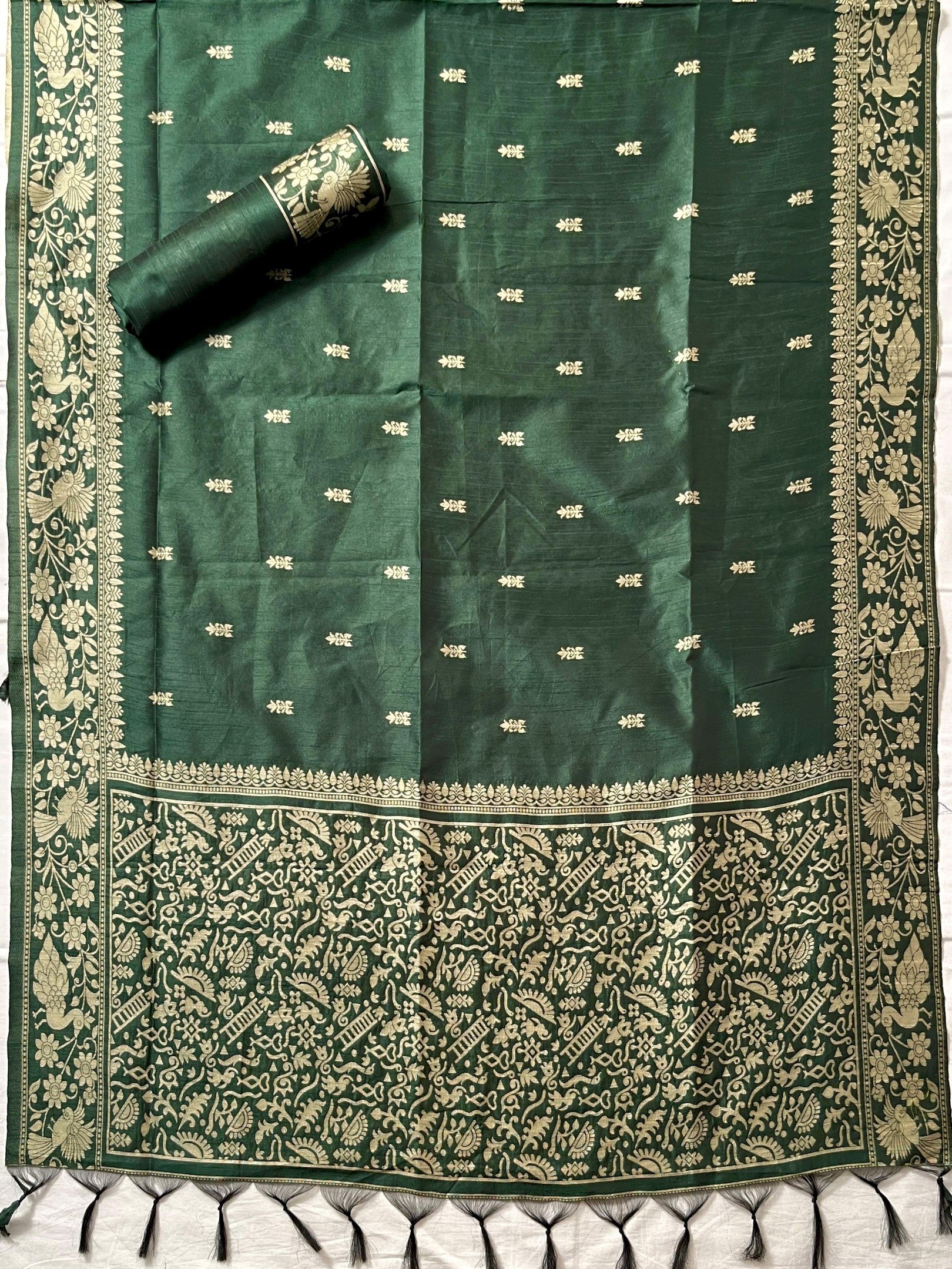 Green Handloom Raw Silk Warli Work Unstitched 3pis Dress Material