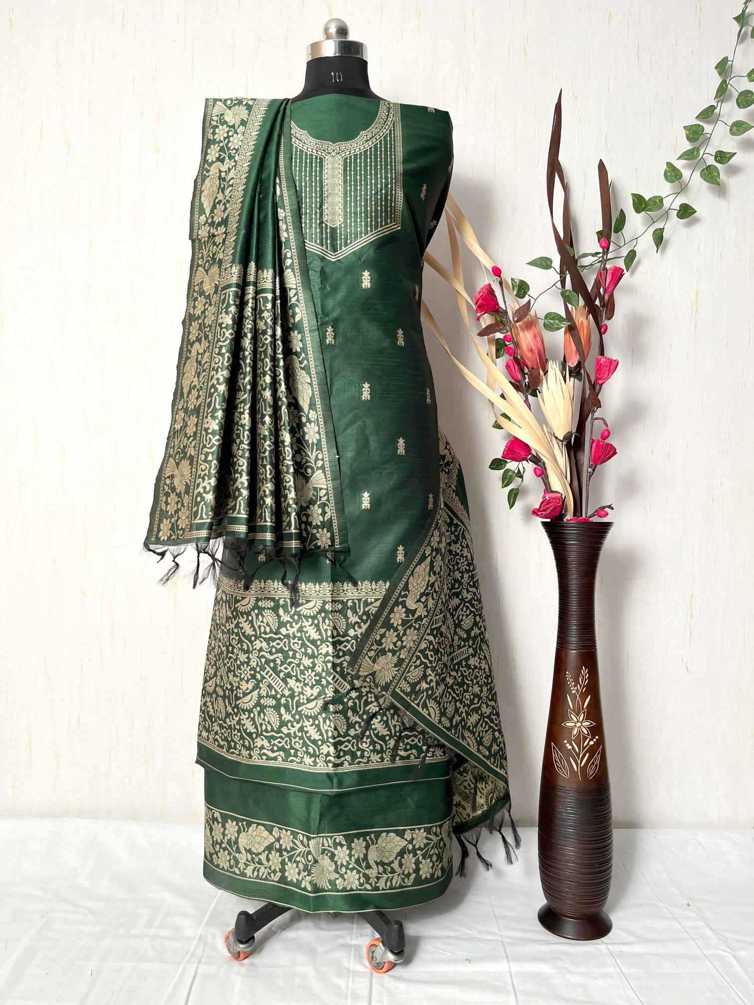 Green Handloom Raw Silk Warli Work Unstitched 3pis Dress Material