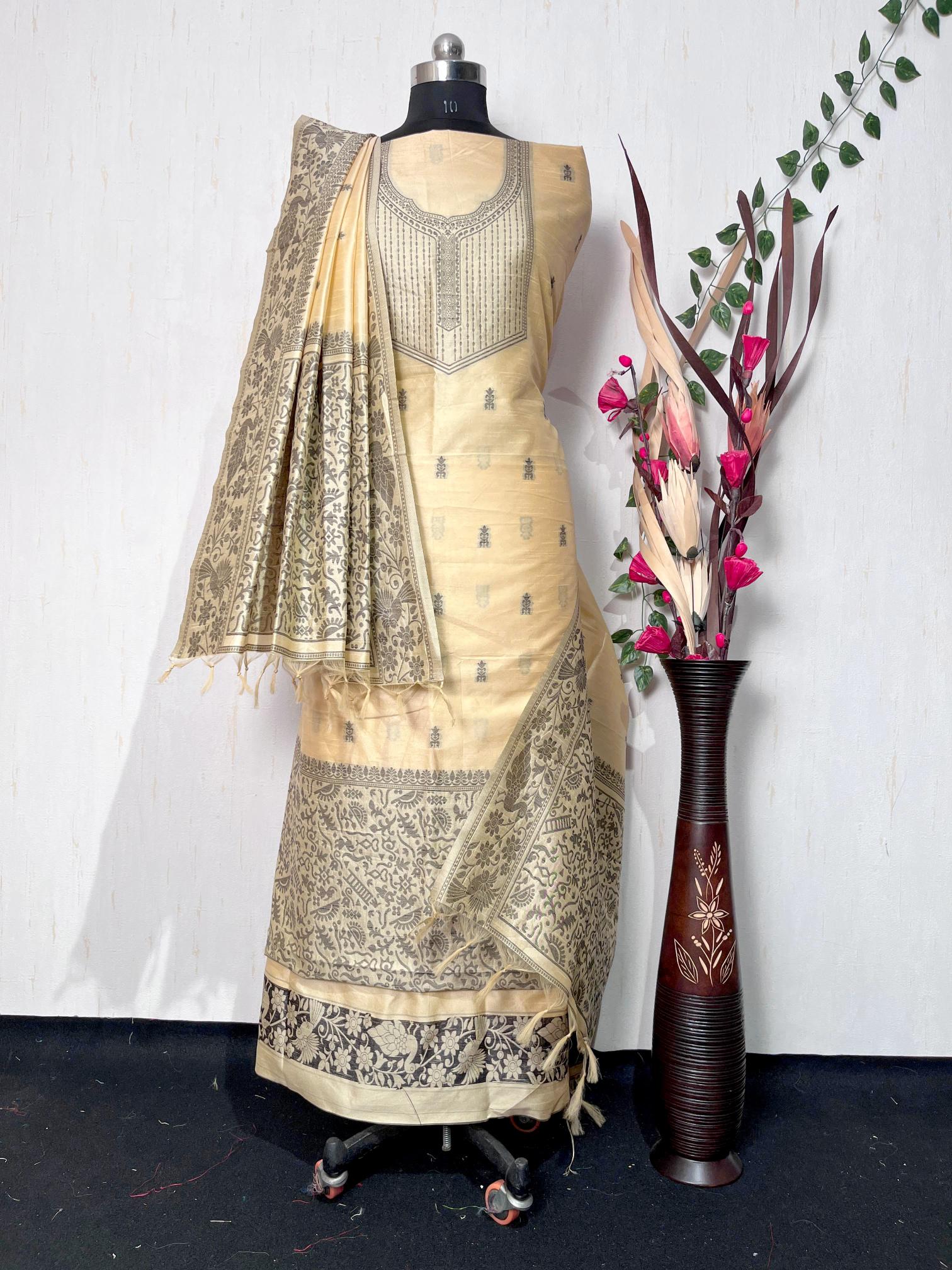 Cream Handloom Raw Silk Warli Work Unstitched 3pis Dress Material