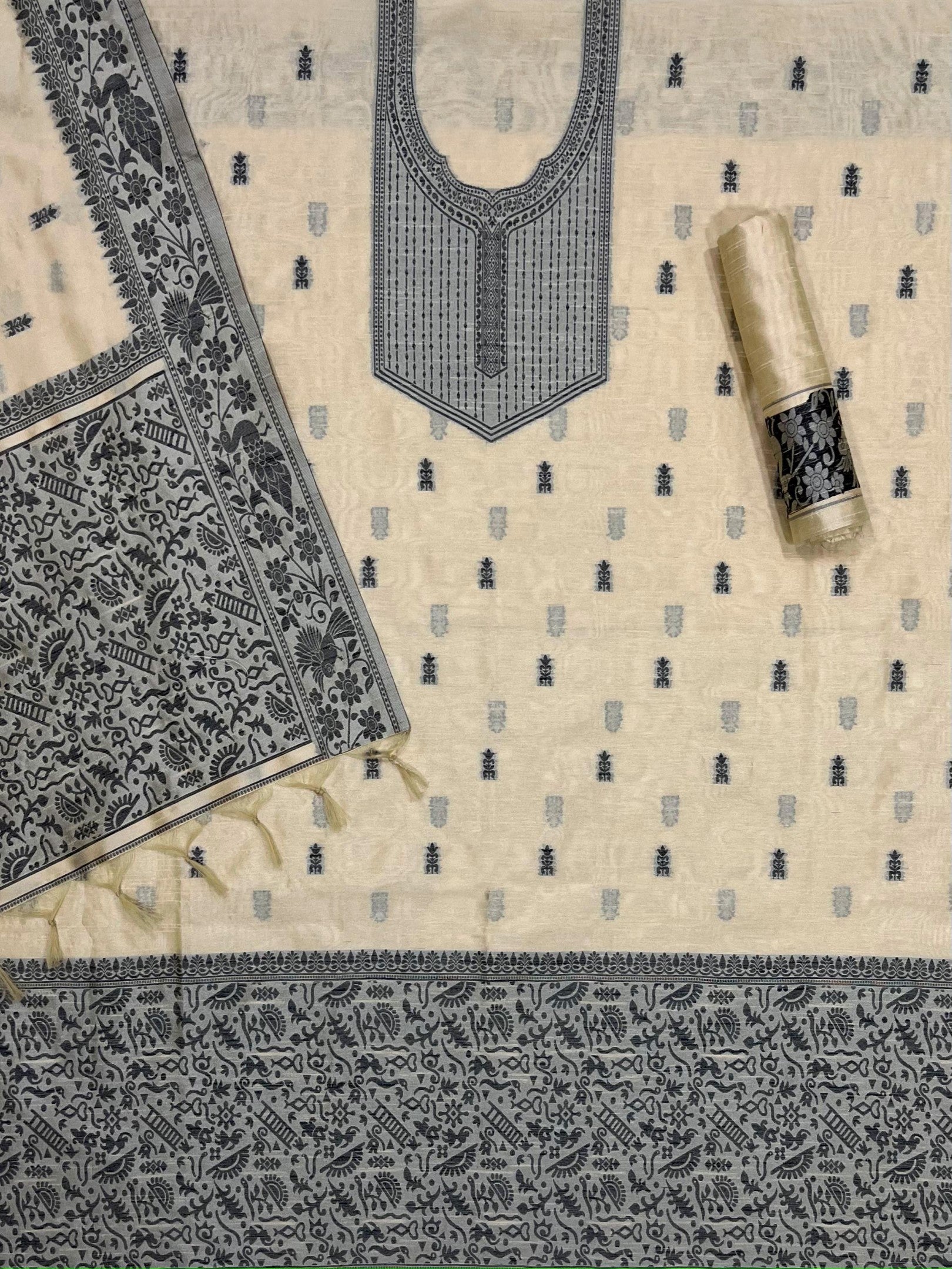 Cream Handloom Raw Silk Warli Work Unstitched 3pis Dress Material