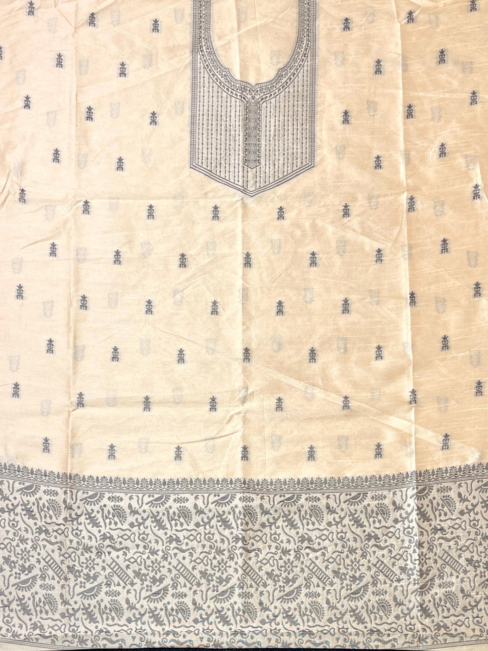 Cream Handloom Raw Silk Warli Work Unstitched 3pis Dress Material