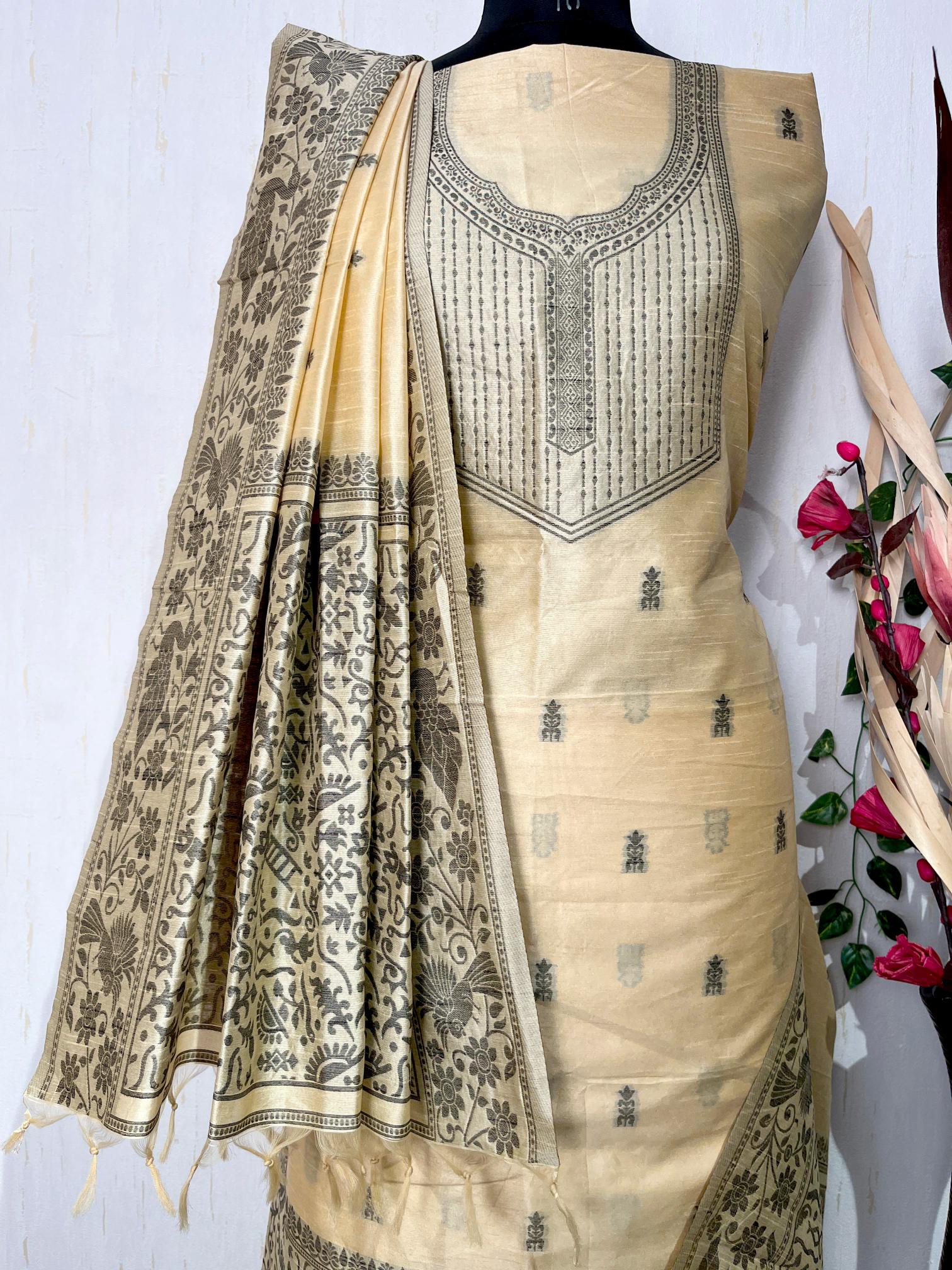 Cream Handloom Raw Silk Warli Work Unstitched 3pis Dress Material