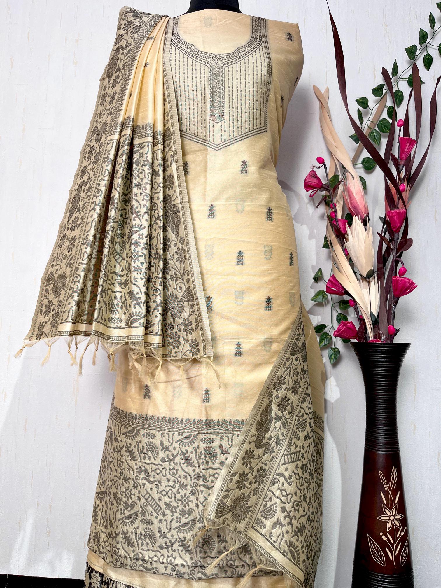 Cream Handloom Raw Silk Warli Work Unstitched 3pis Dress Material