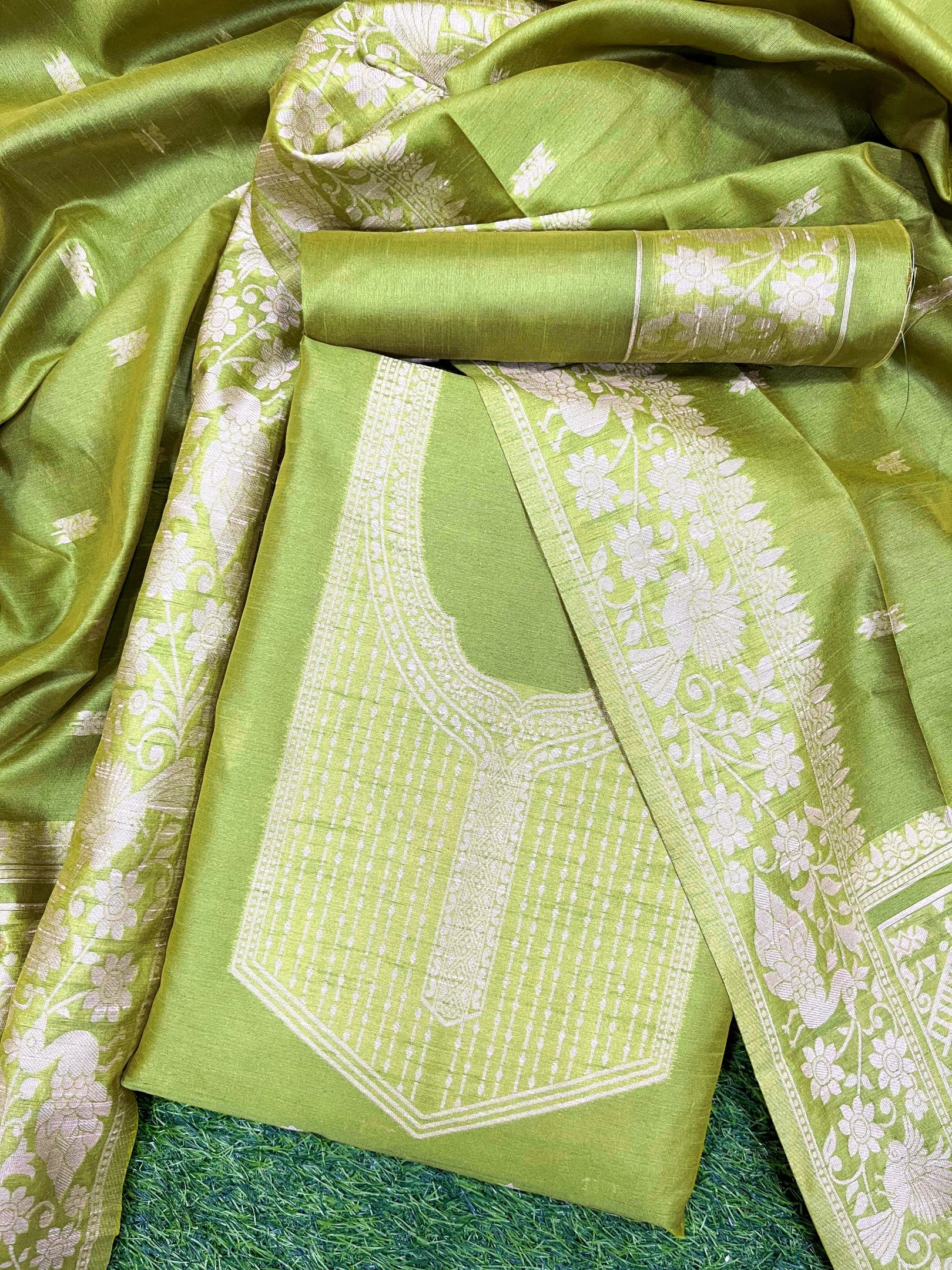 parrot Green Handloom Raw Silk Warli Work Unstitched 3pis Dress Material