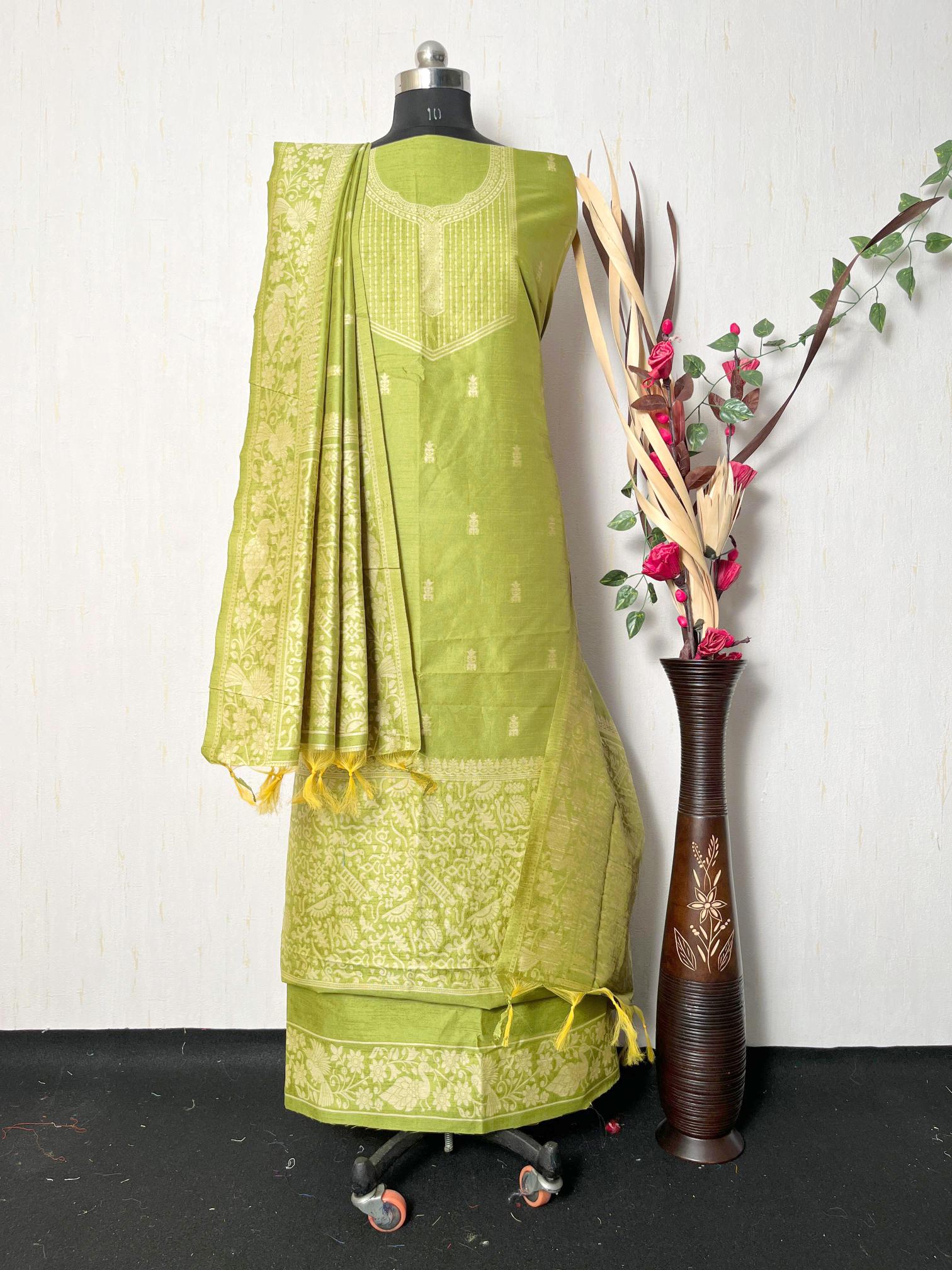 parrot Green Handloom Raw Silk Warli Work Unstitched 3pis Dress Material