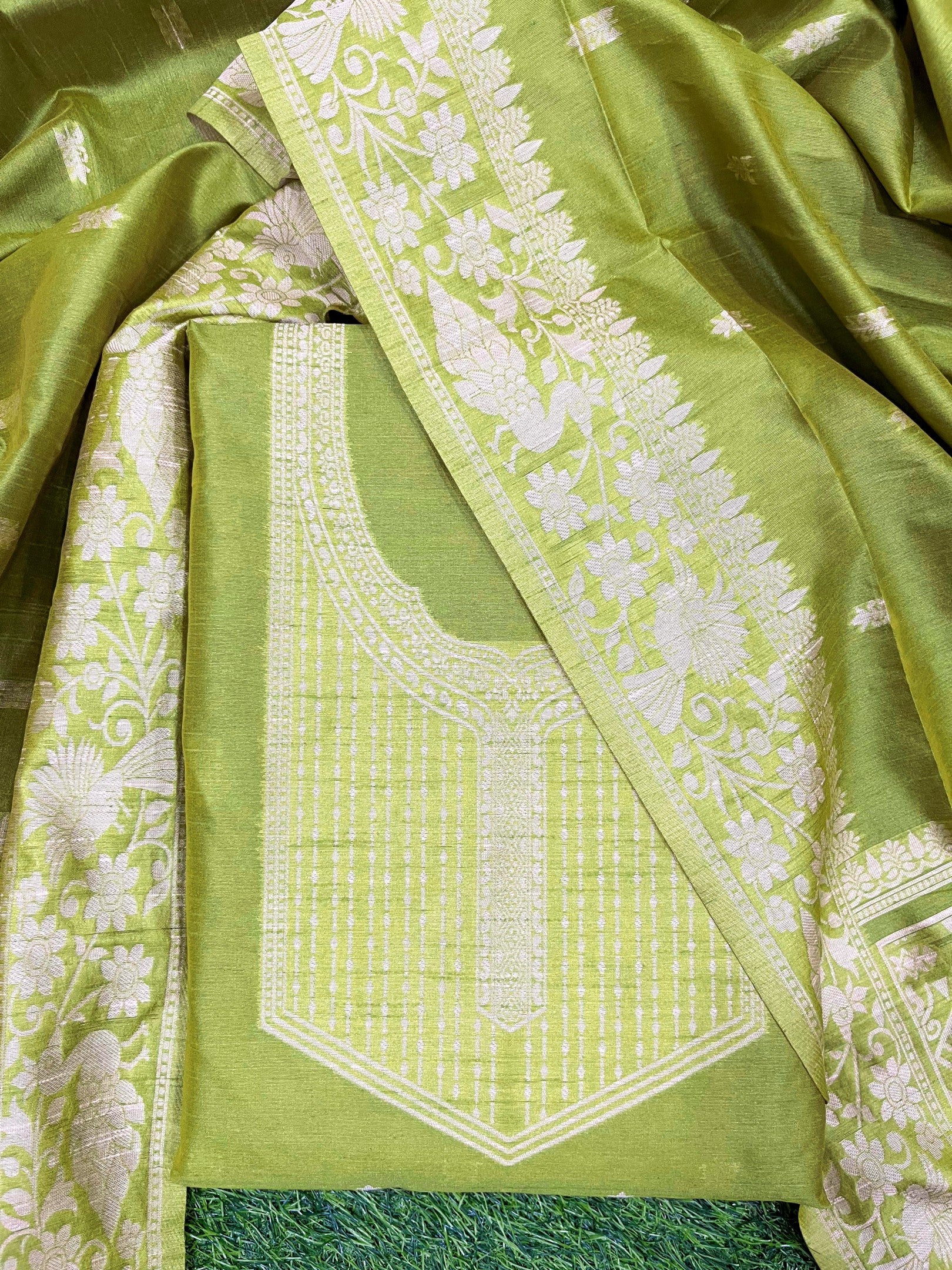 parrot Green Handloom Raw Silk Warli Work Unstitched 3pis Dress Material