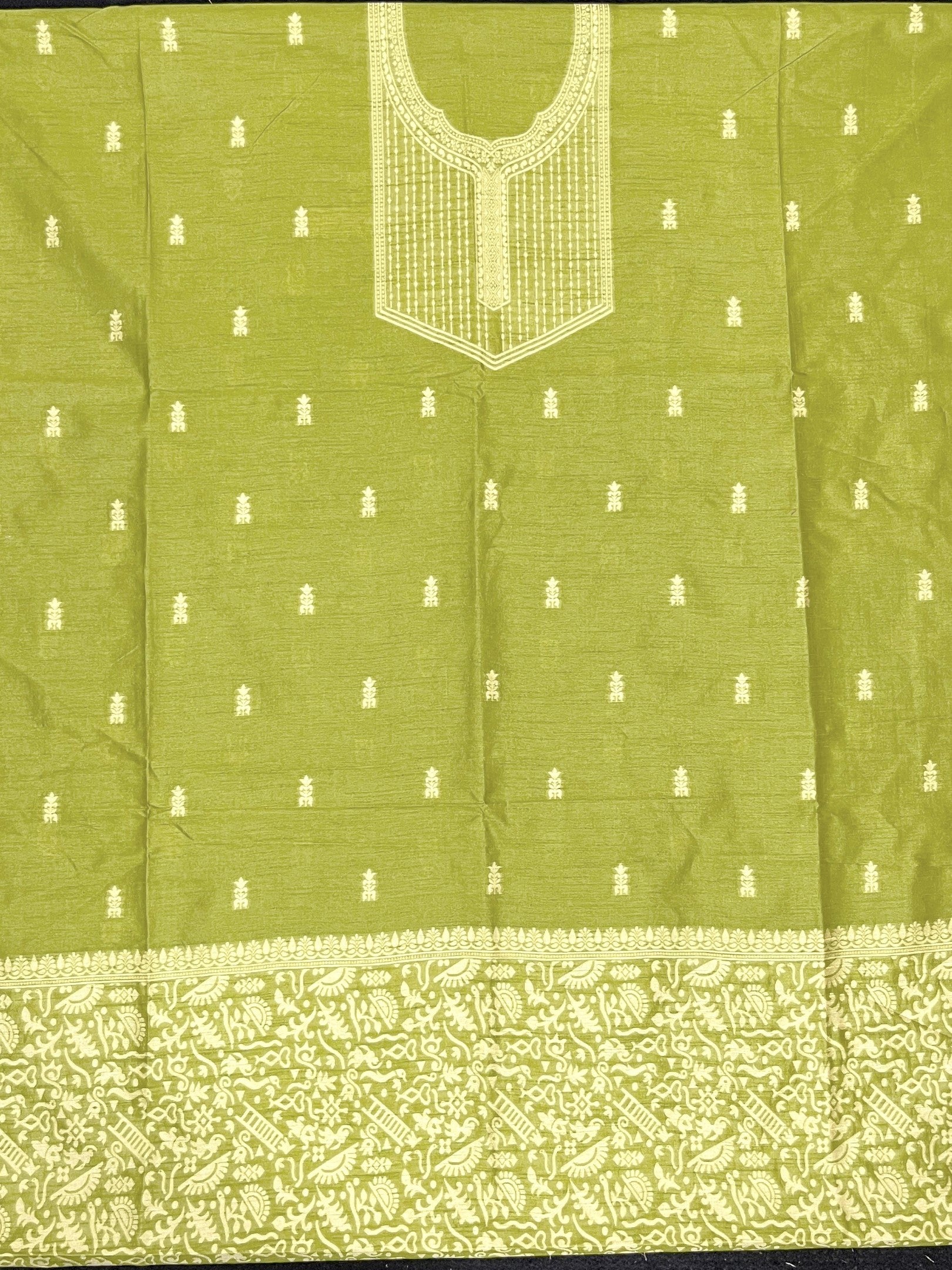 parrot Green Handloom Raw Silk Warli Work Unstitched 3pis Dress Material