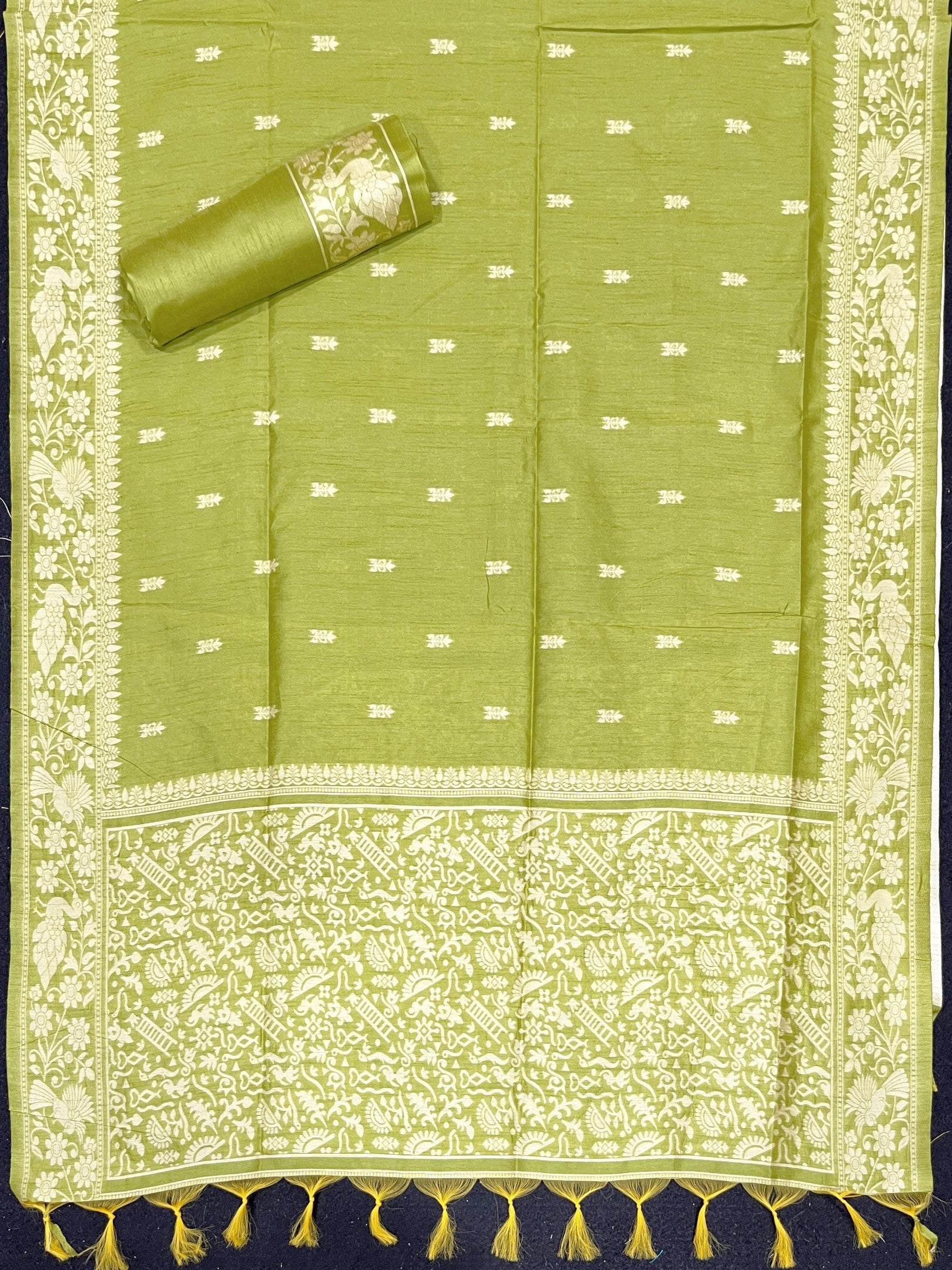 parrot Green Handloom Raw Silk Warli Work Unstitched 3pis Dress Material