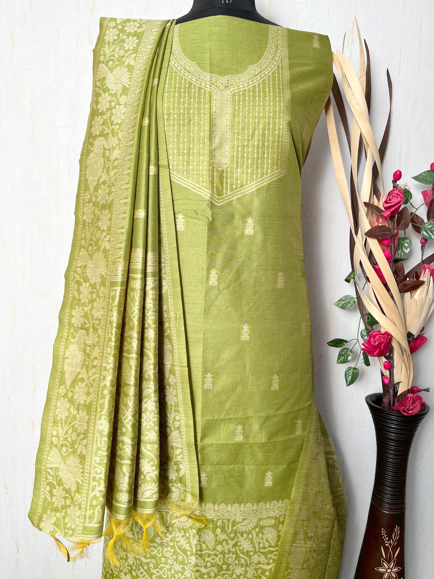 parrot Green Handloom Raw Silk Warli Work Unstitched 3pis Dress Material