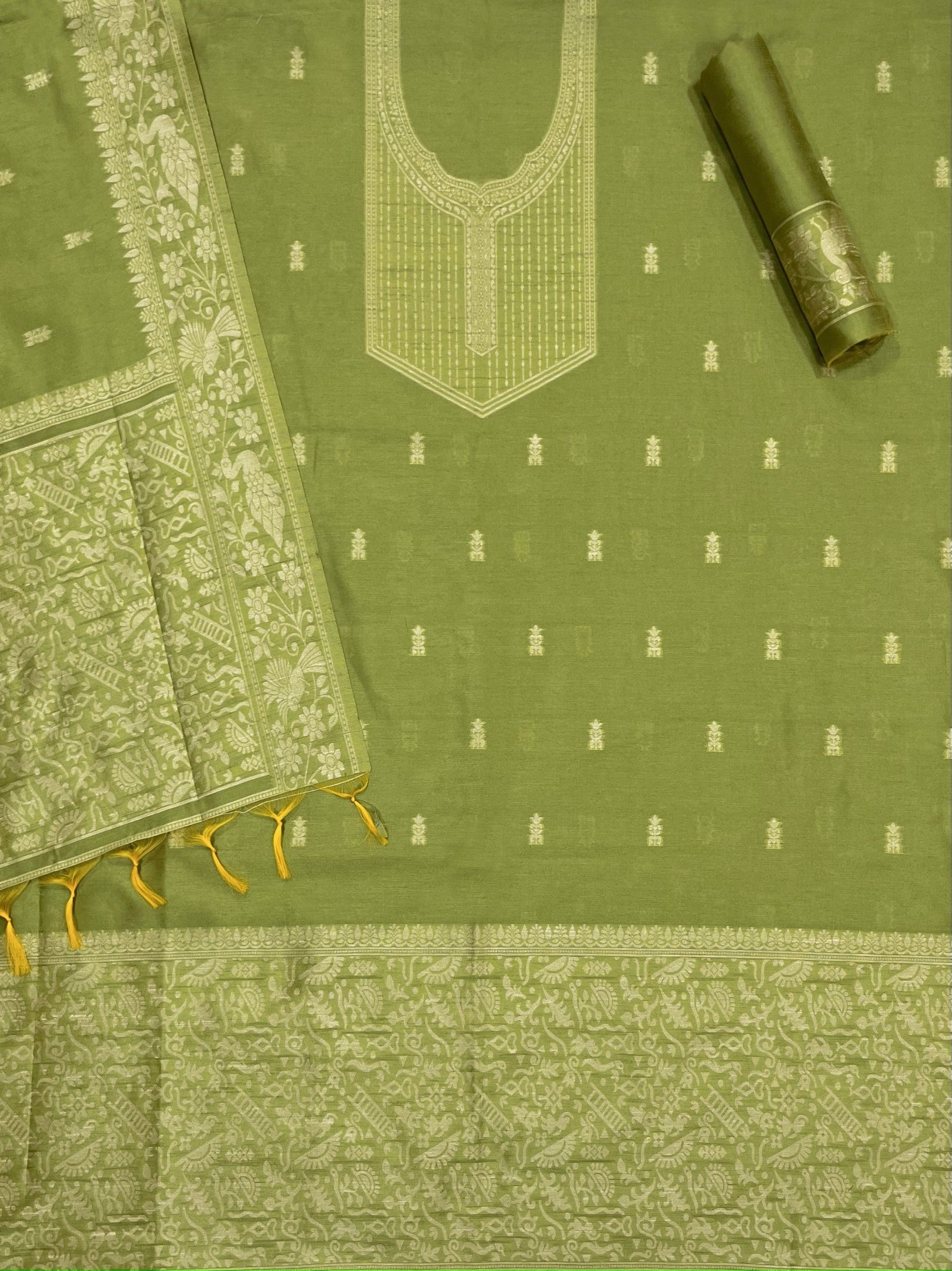 parrot Green Handloom Raw Silk Warli Work Unstitched 3pis Dress Material