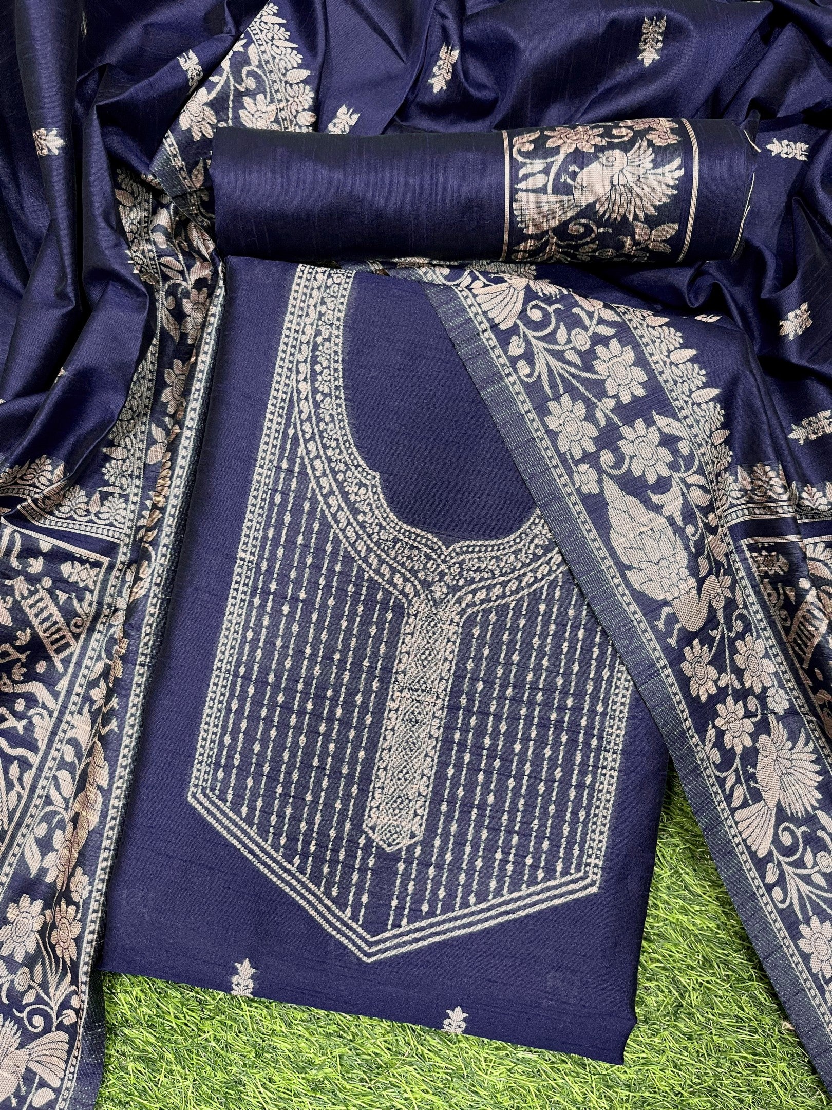 Blue Handloom Raw Silk Warli Work Unstitched 3pis Dress Material