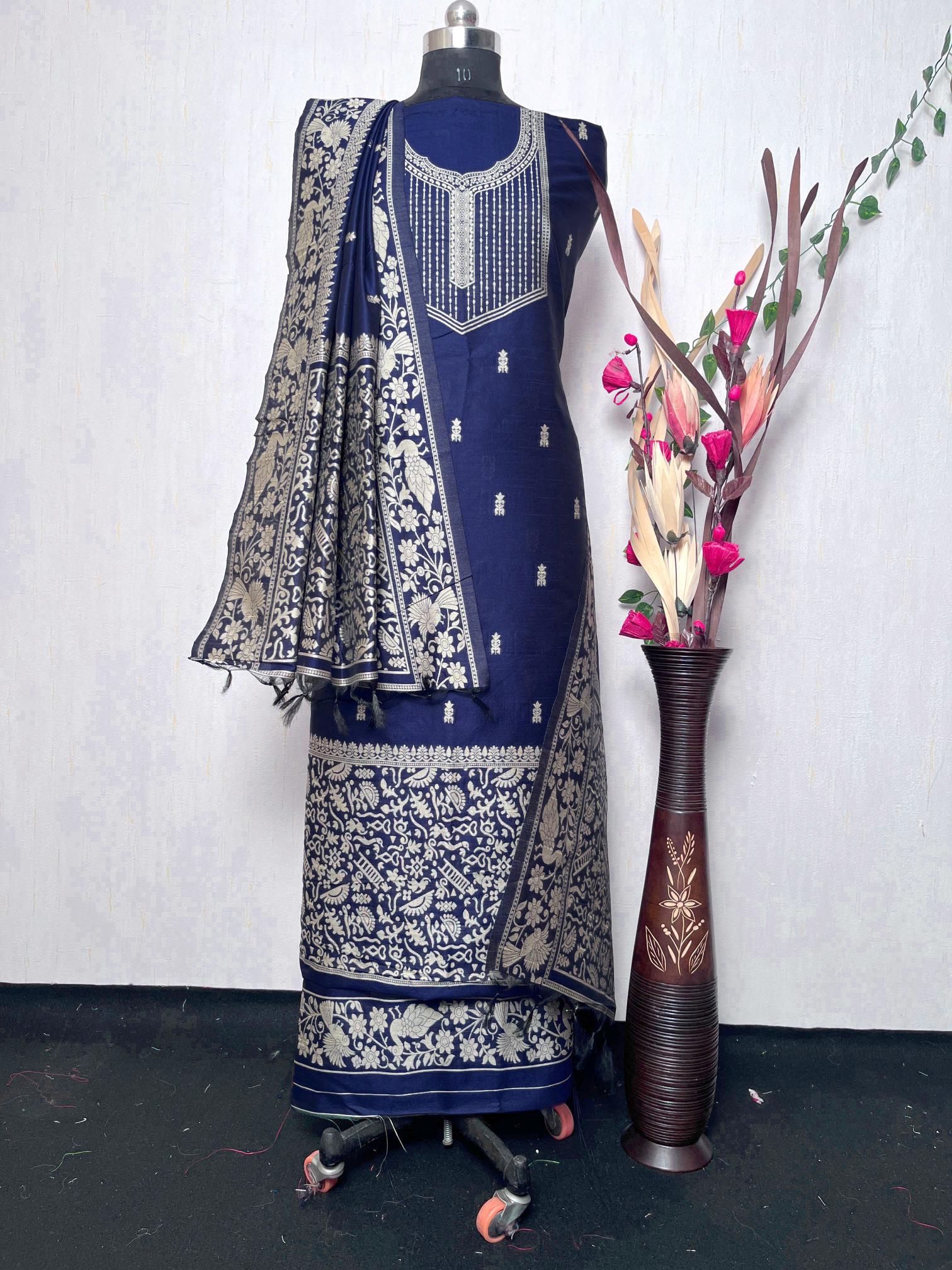 Blue Handloom Raw Silk Warli Work Unstitched 3pis Dress Material