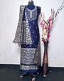 Blue Handloom Raw Silk Warli Work Unstitched 3pis Dress Material