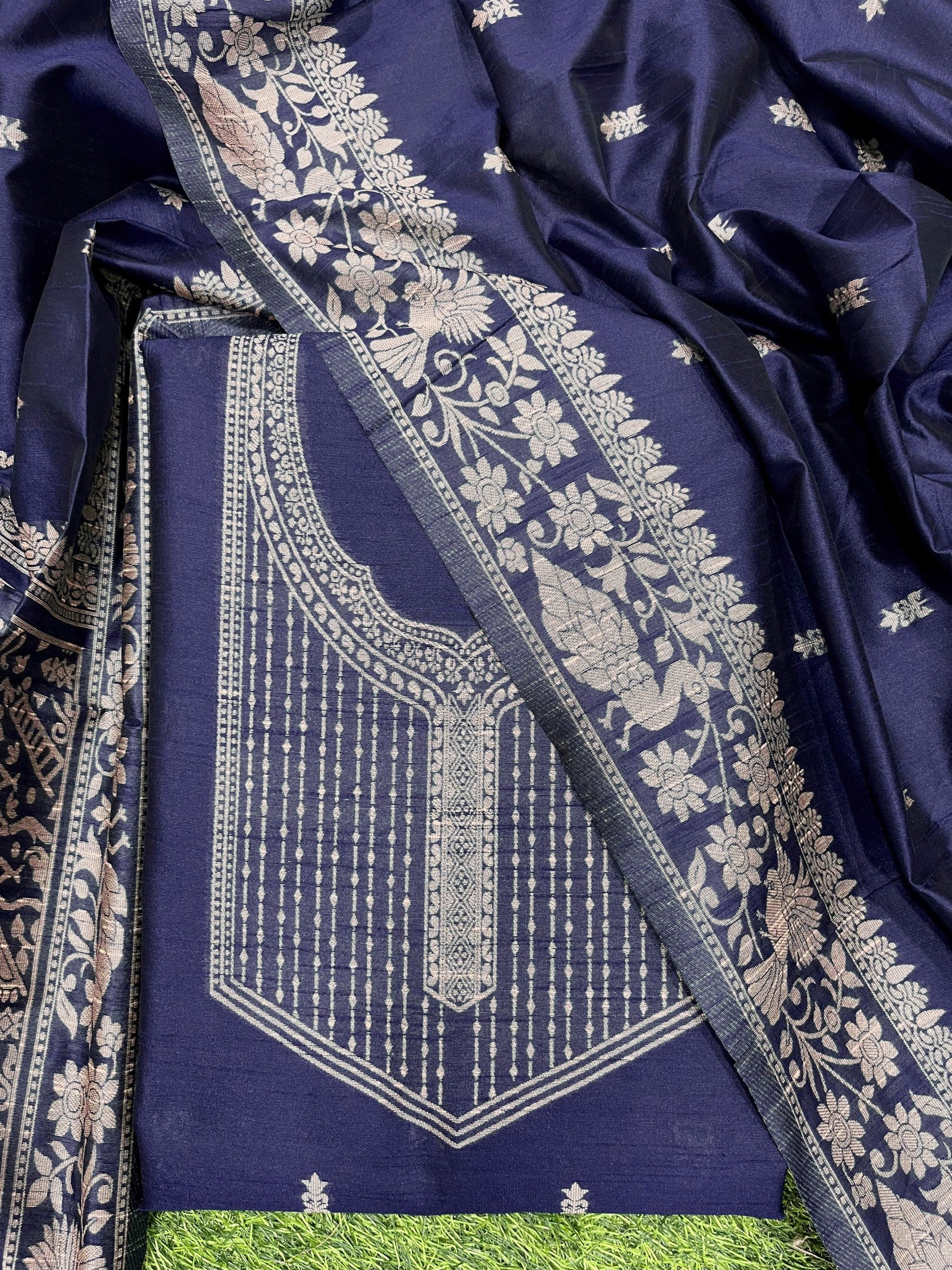 Blue Handloom Raw Silk Warli Work Unstitched 3pis Dress Material