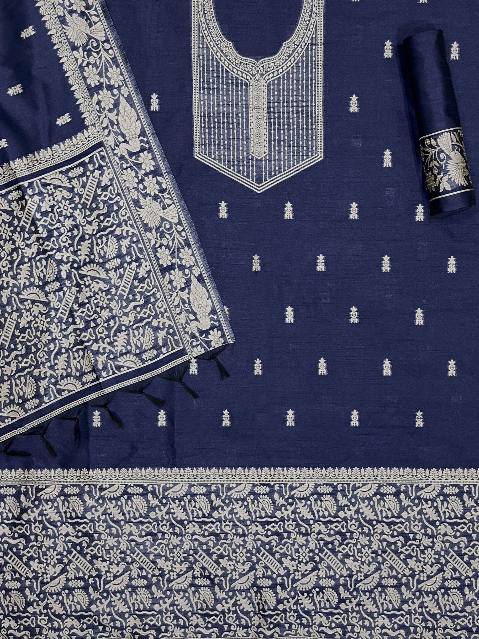 Blue Handloom Raw Silk Warli Work Unstitched 3pis Dress Material