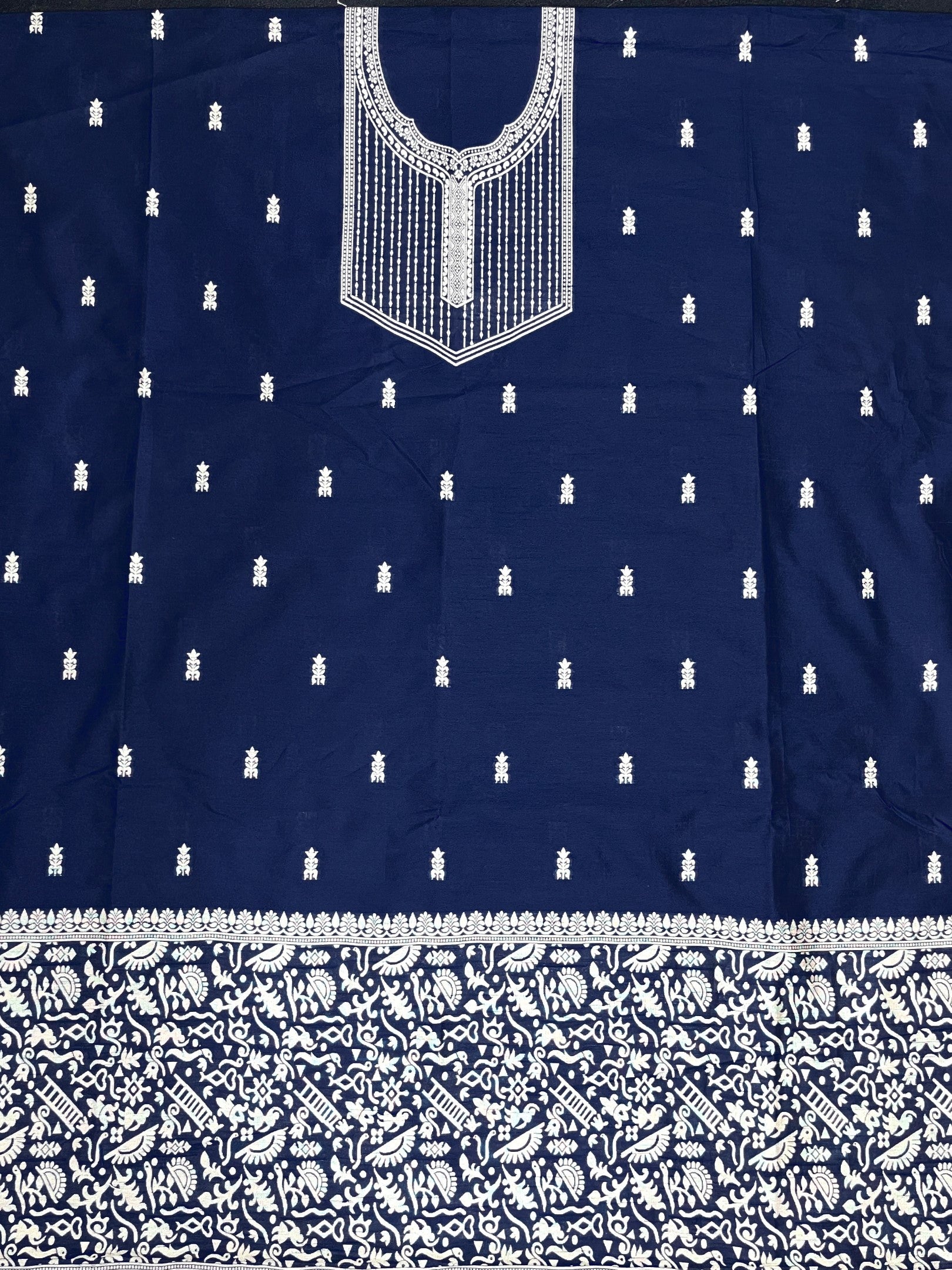 Blue Handloom Raw Silk Warli Work Unstitched 3pis Dress Material
