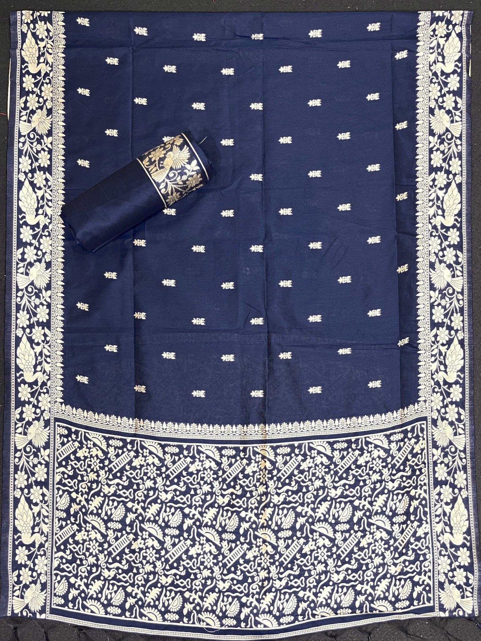 Blue Handloom Raw Silk Warli Work Unstitched 3pis Dress Material