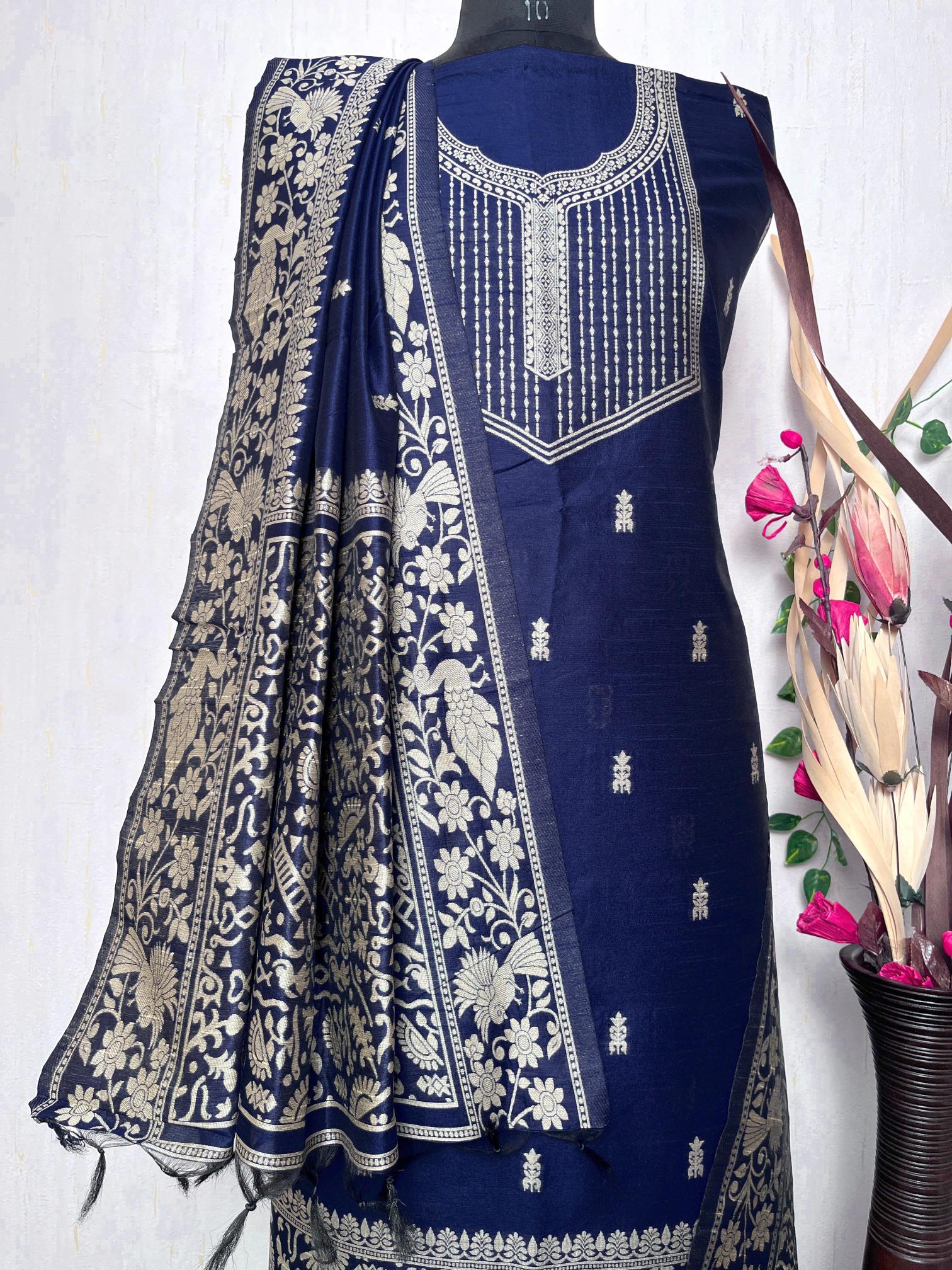 Blue Handloom Raw Silk Warli Work Unstitched 3pis Dress Material