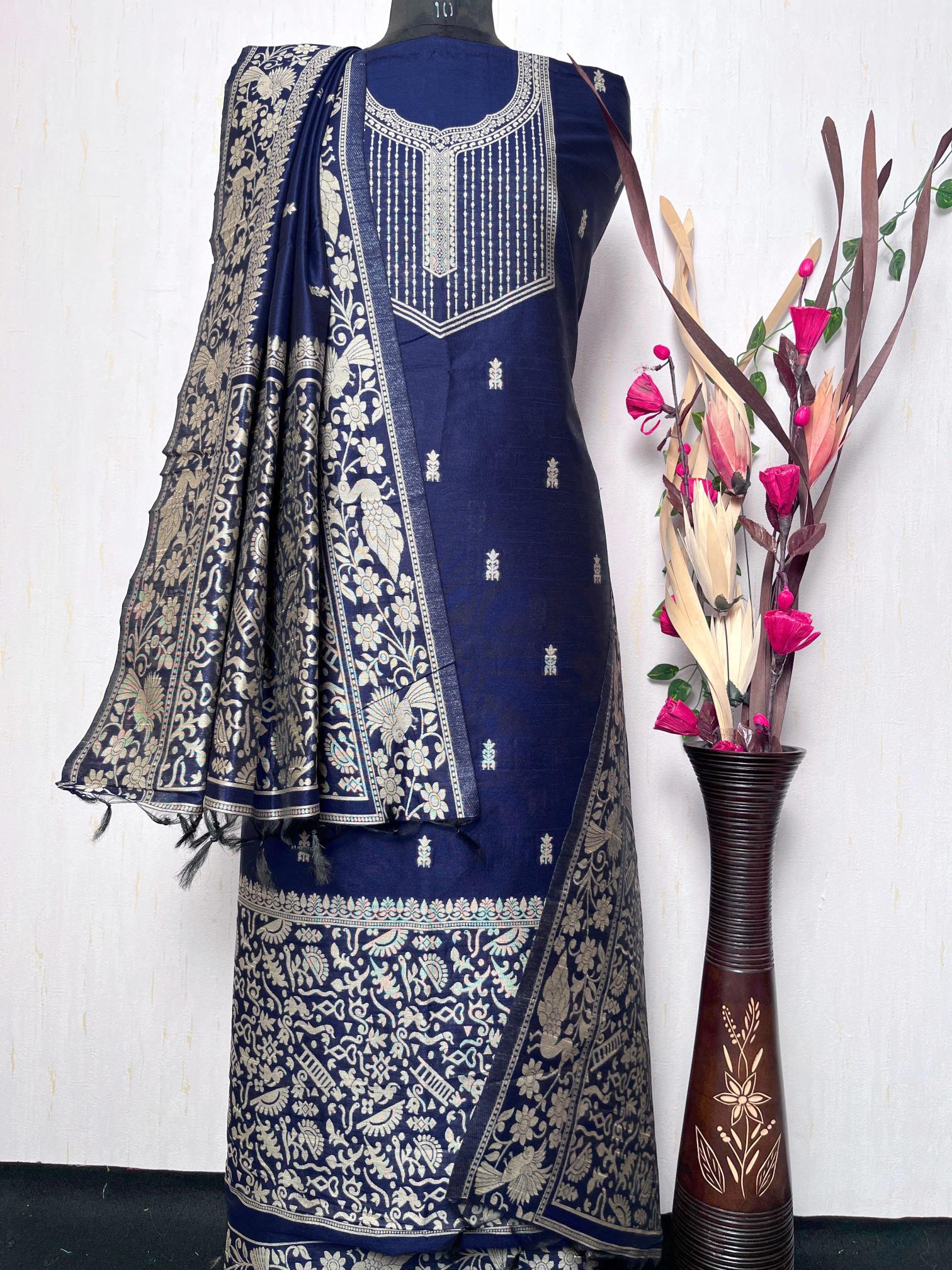 Blue Handloom Raw Silk Warli Work Unstitched 3pis Dress Material