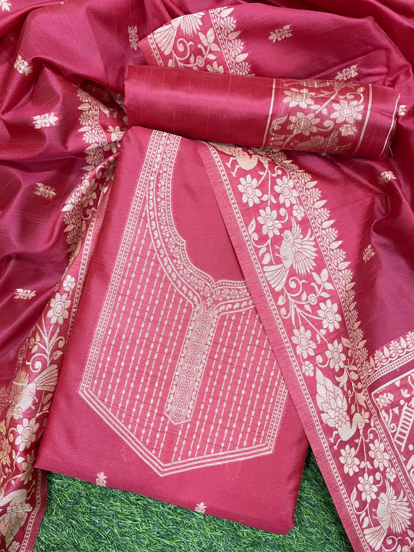 Pink Handloom Raw Silk Warli Work Unstitched 3pis Dress Material