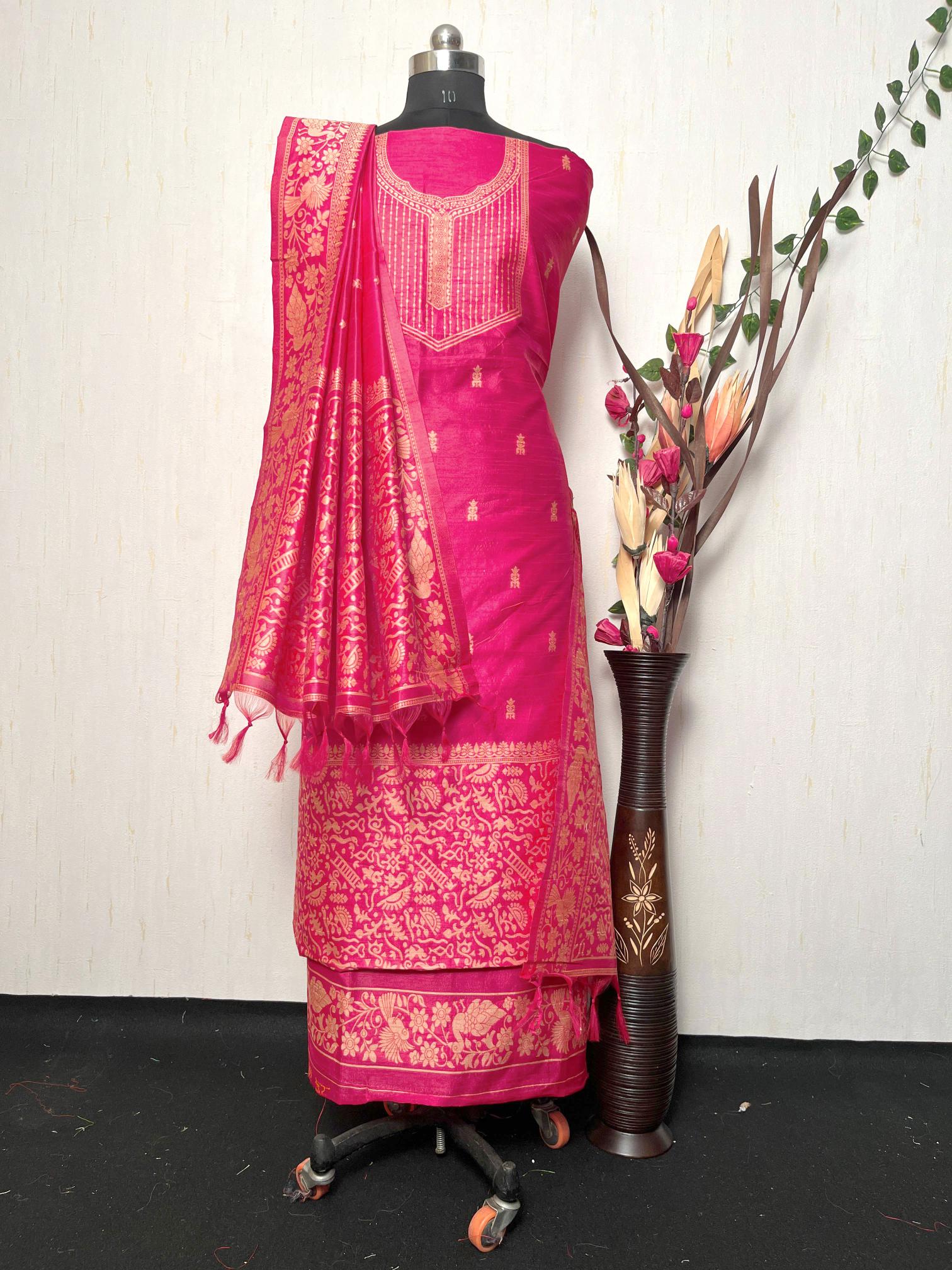 Pink Handloom Raw Silk Warli Work Unstitched 3pis Dress Material