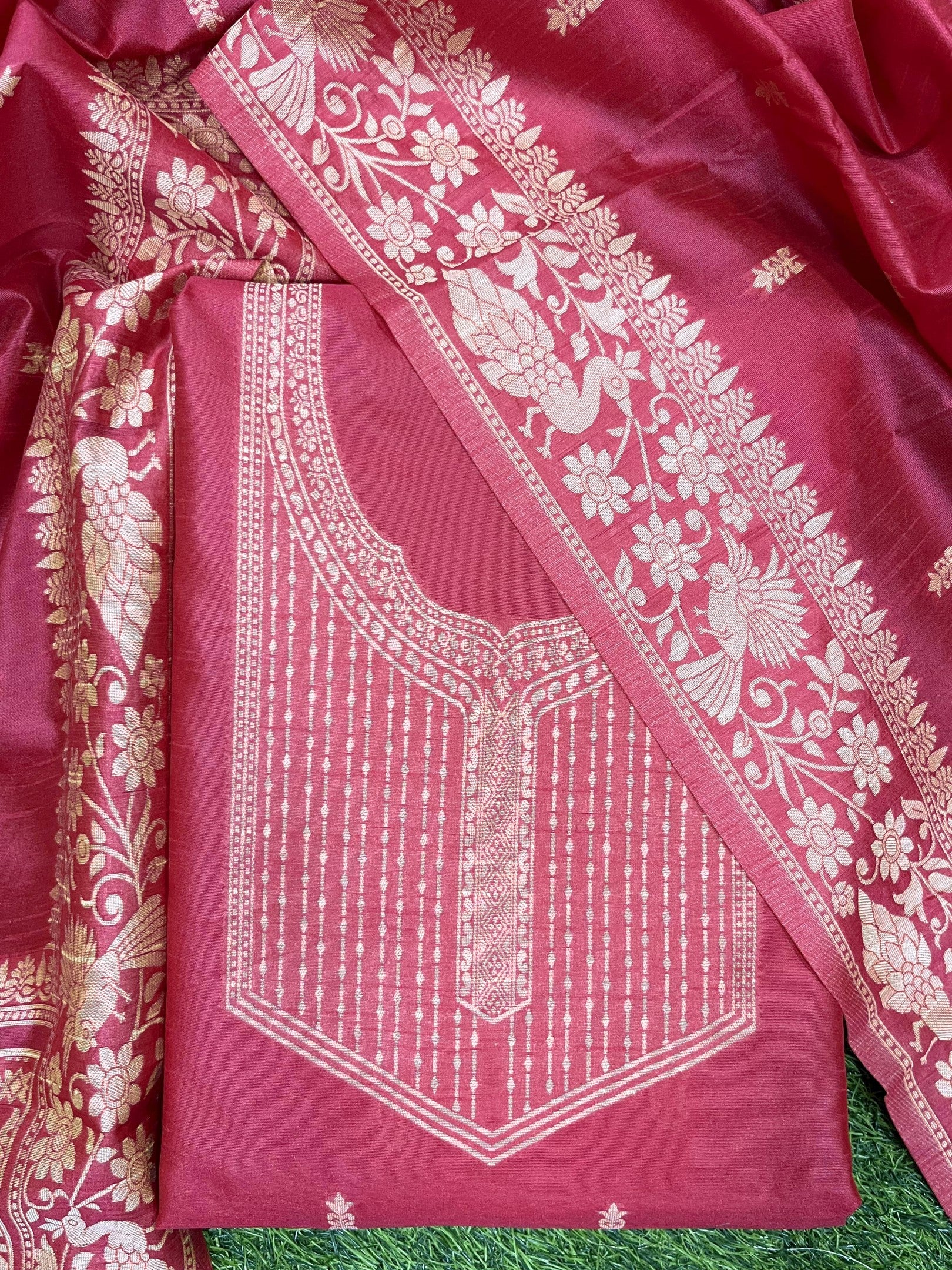 Pink Handloom Raw Silk Warli Work Unstitched 3pis Dress Material