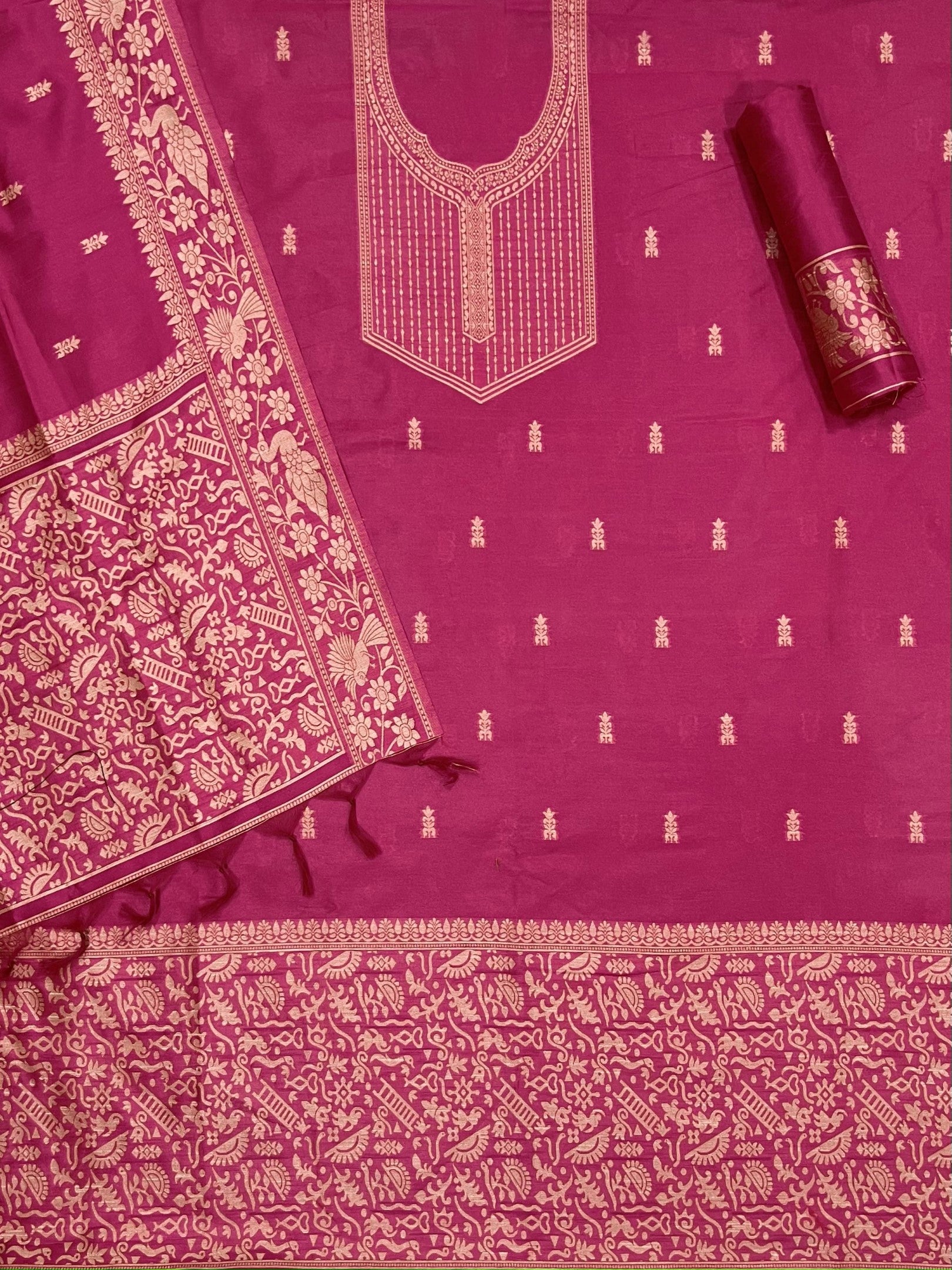 Pink Handloom Raw Silk Warli Work Unstitched 3pis Dress Material