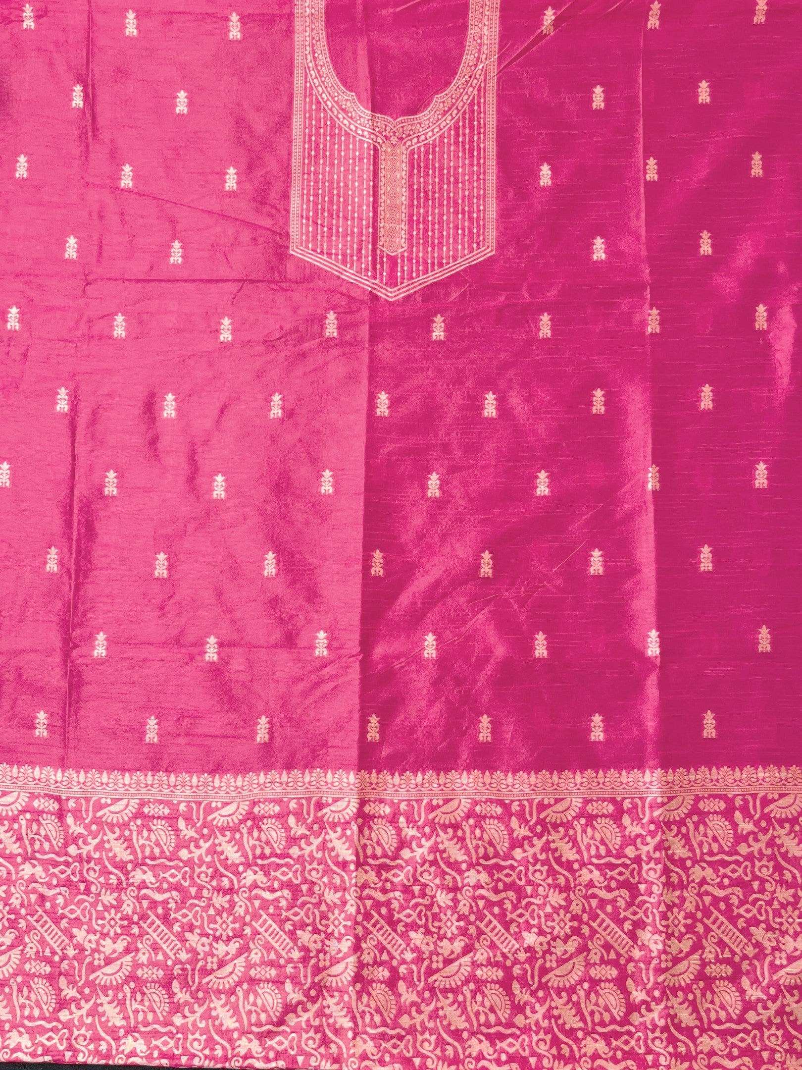 Pink Handloom Raw Silk Warli Work Unstitched 3pis Dress Material