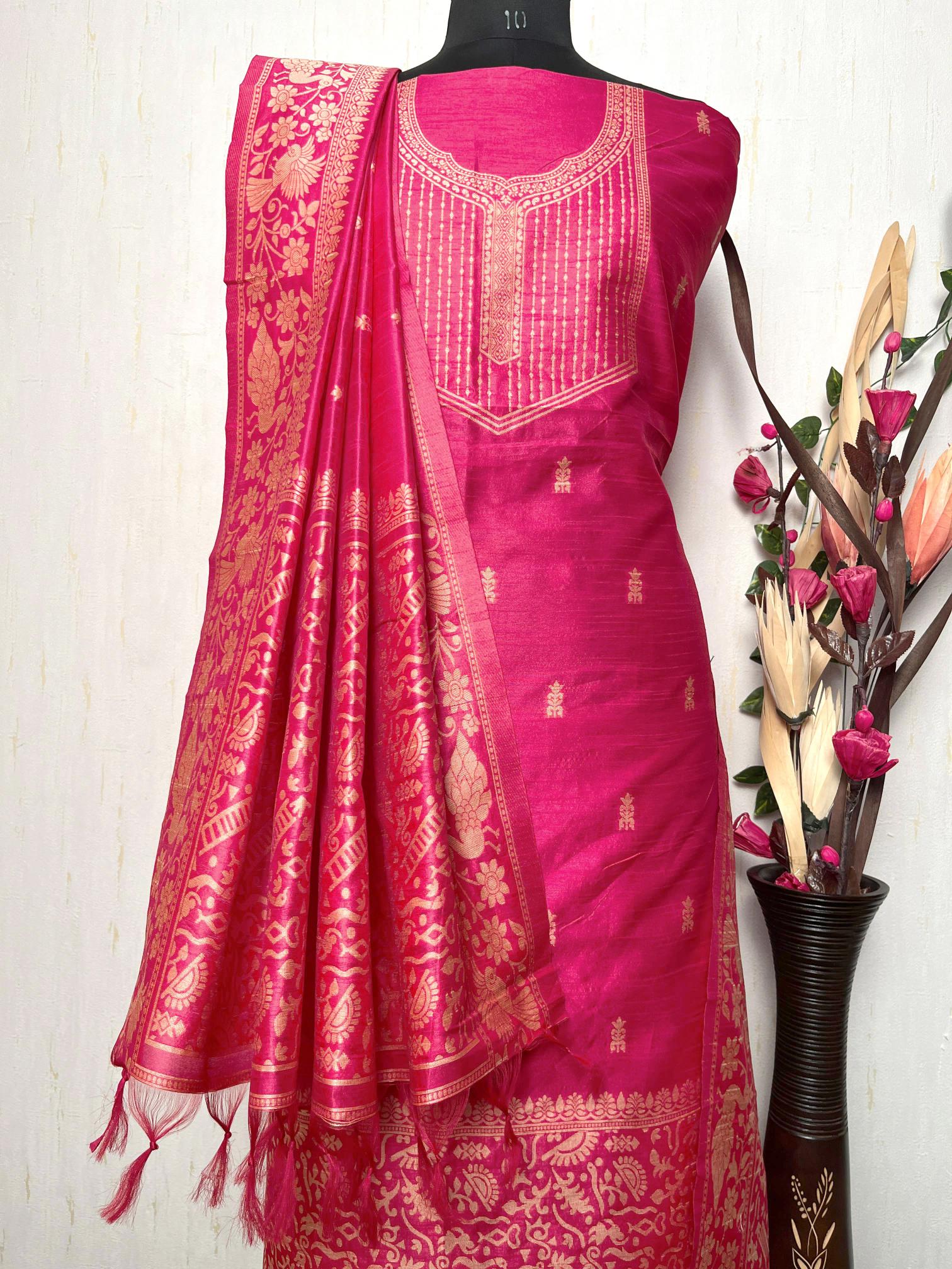Pink Handloom Raw Silk Warli Work Unstitched 3pis Dress Material