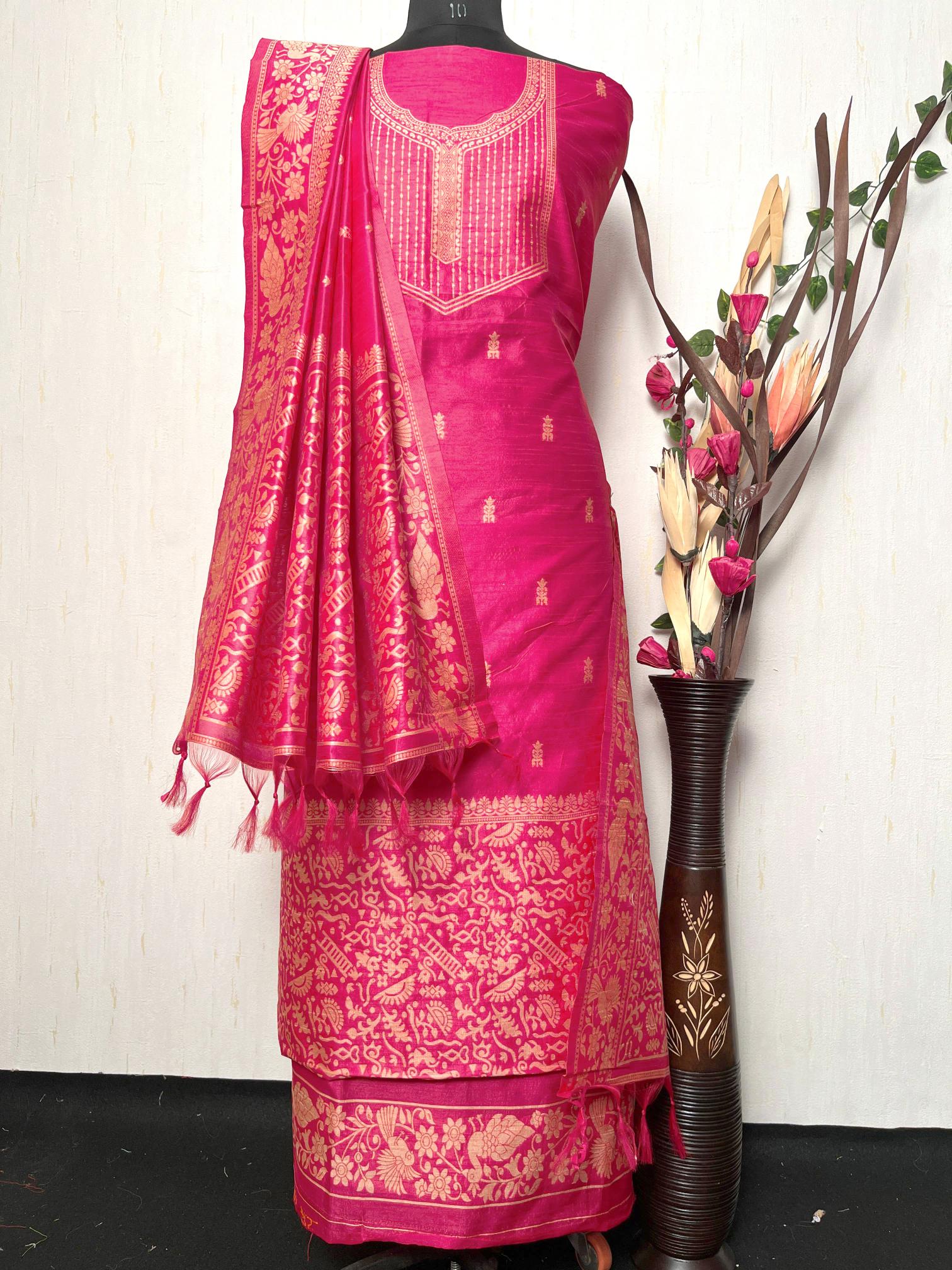 Pink Handloom Raw Silk Warli Work Unstitched 3pis Dress Material