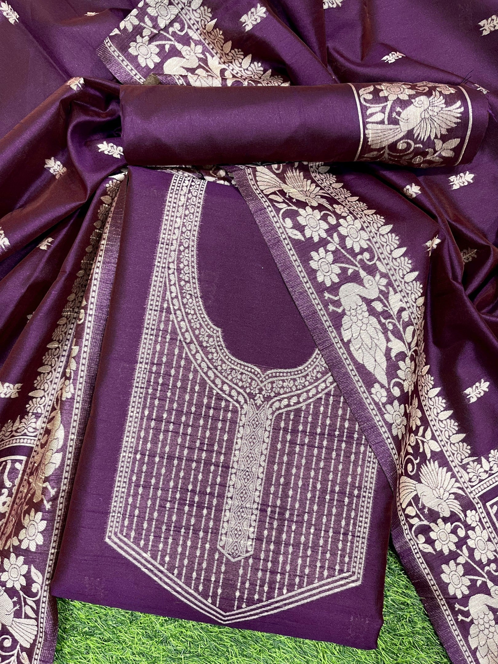 Wine Handloom Raw Silk Warli Work Unstitched 3pis Dress Material