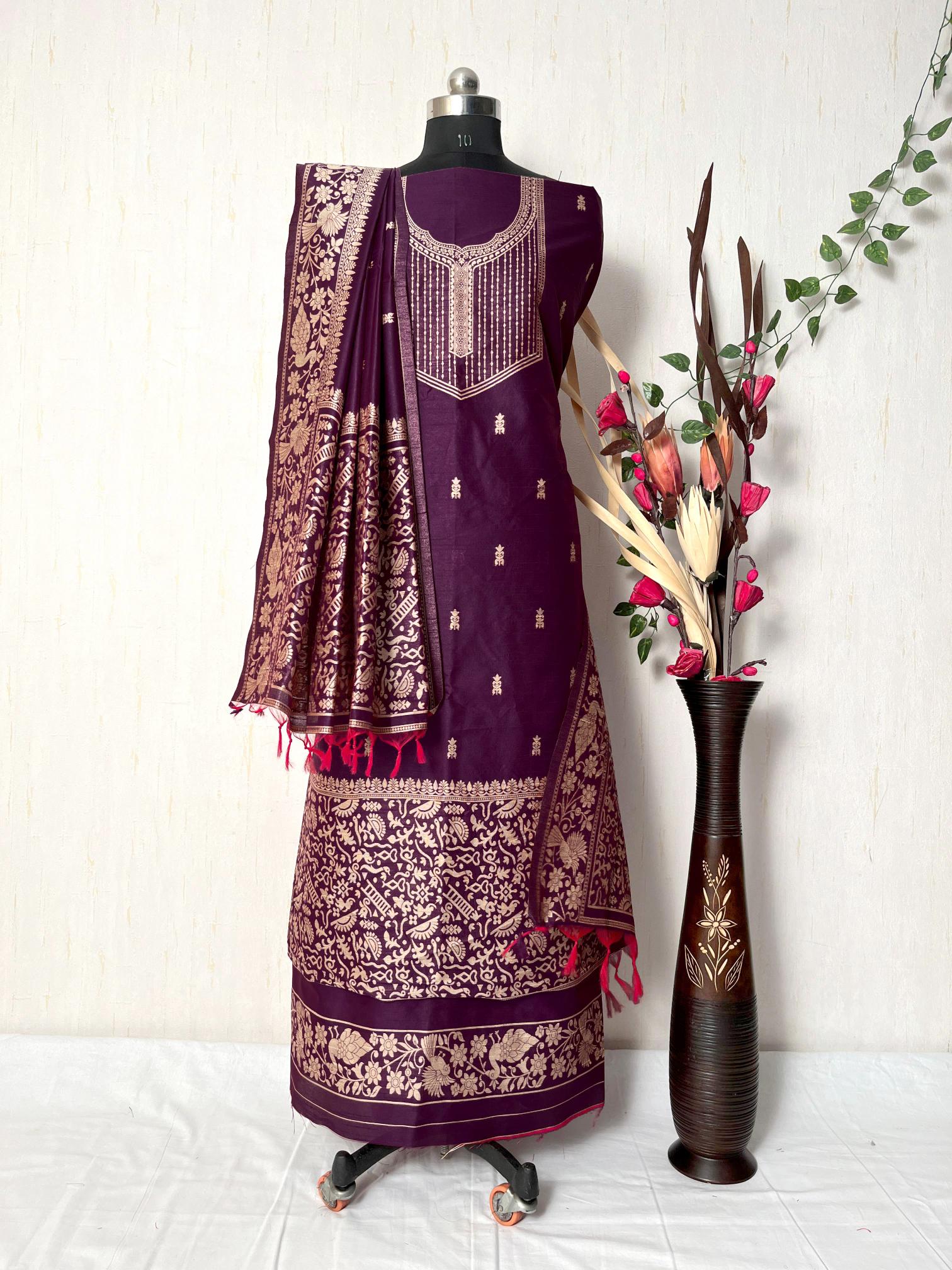 Wine Handloom Raw Silk Warli Work Unstitched 3pis Dress Material