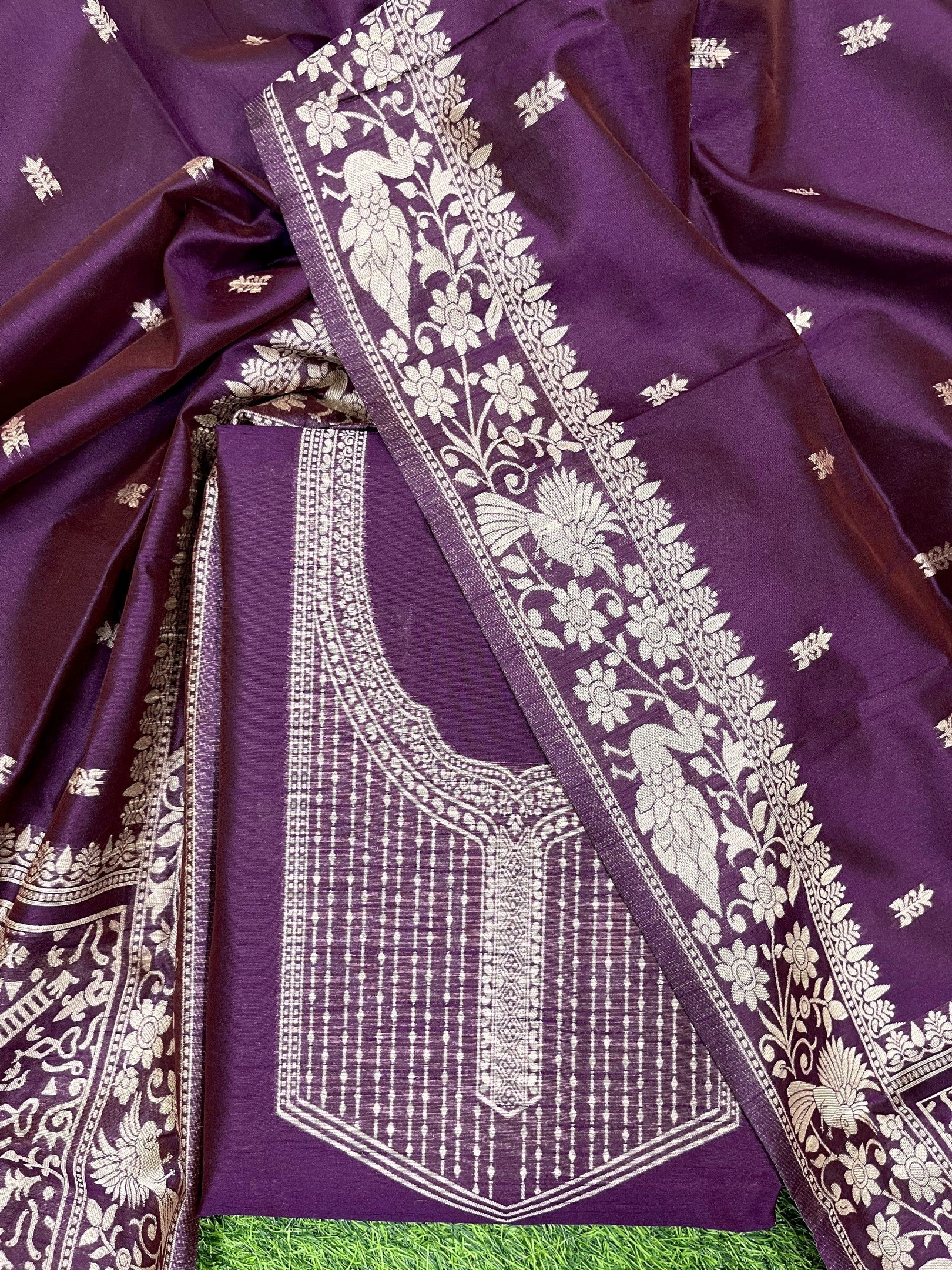 Wine Handloom Raw Silk Warli Work Unstitched 3pis Dress Material