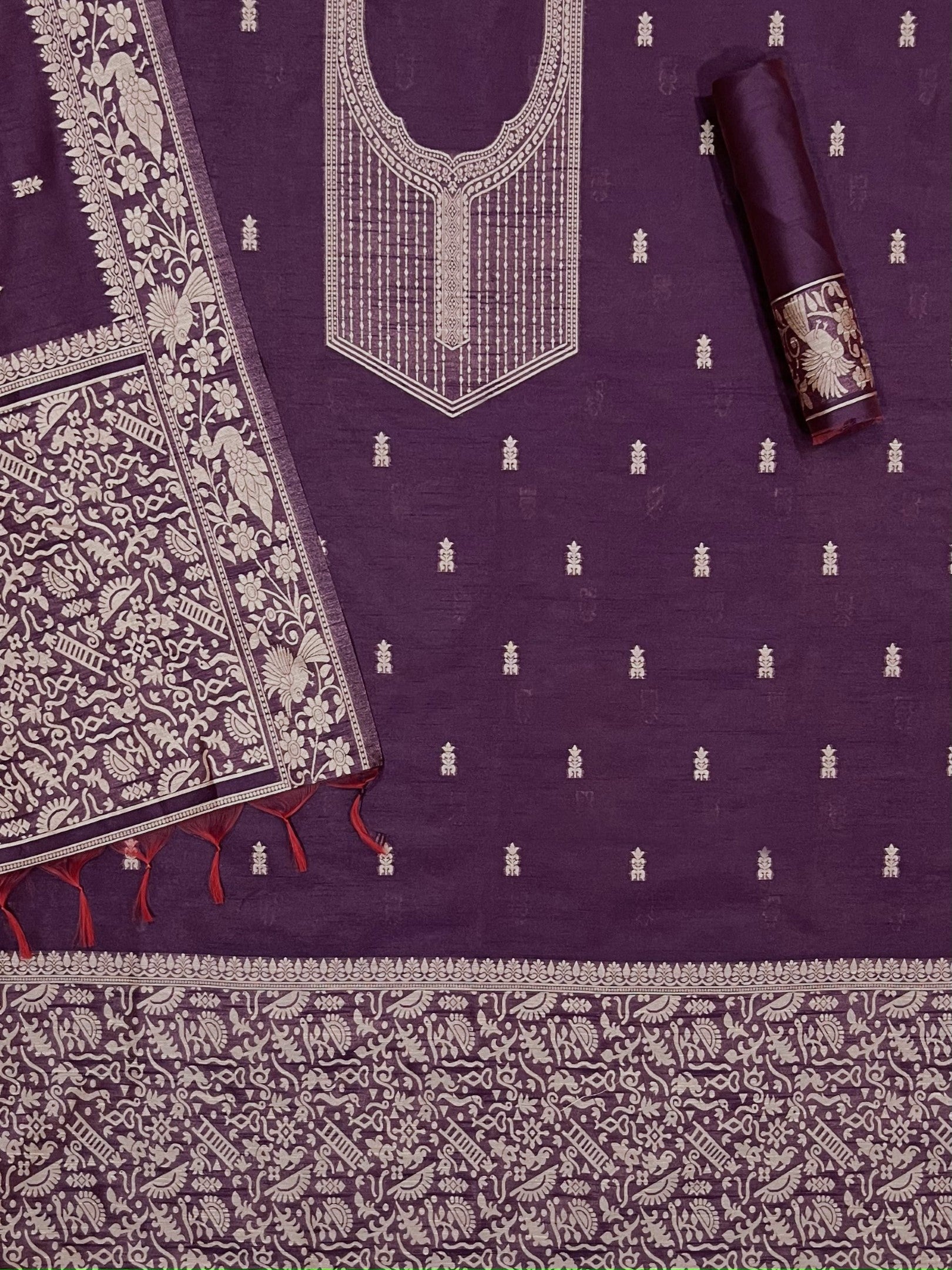 Wine Handloom Raw Silk Warli Work Unstitched 3pis Dress Material