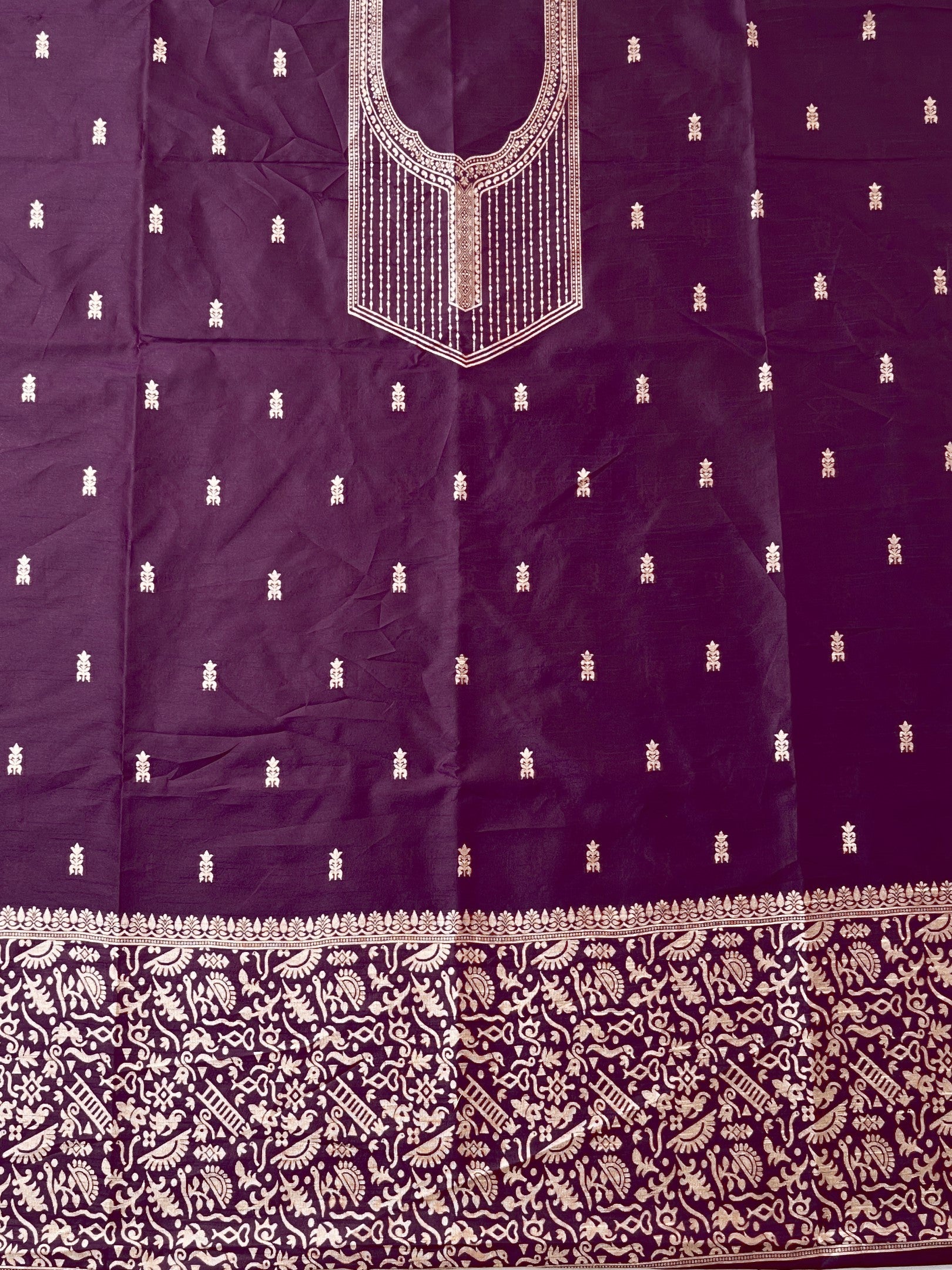 Wine Handloom Raw Silk Warli Work Unstitched 3pis Dress Material