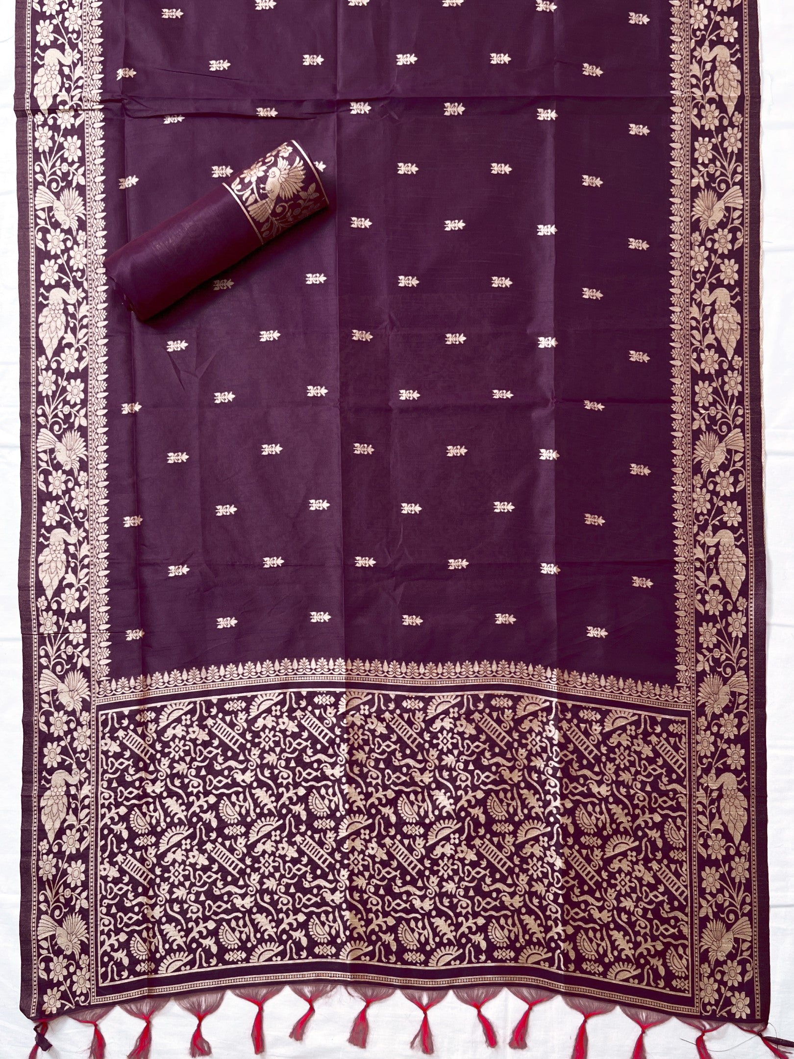 Wine Handloom Raw Silk Warli Work Unstitched 3pis Dress Material