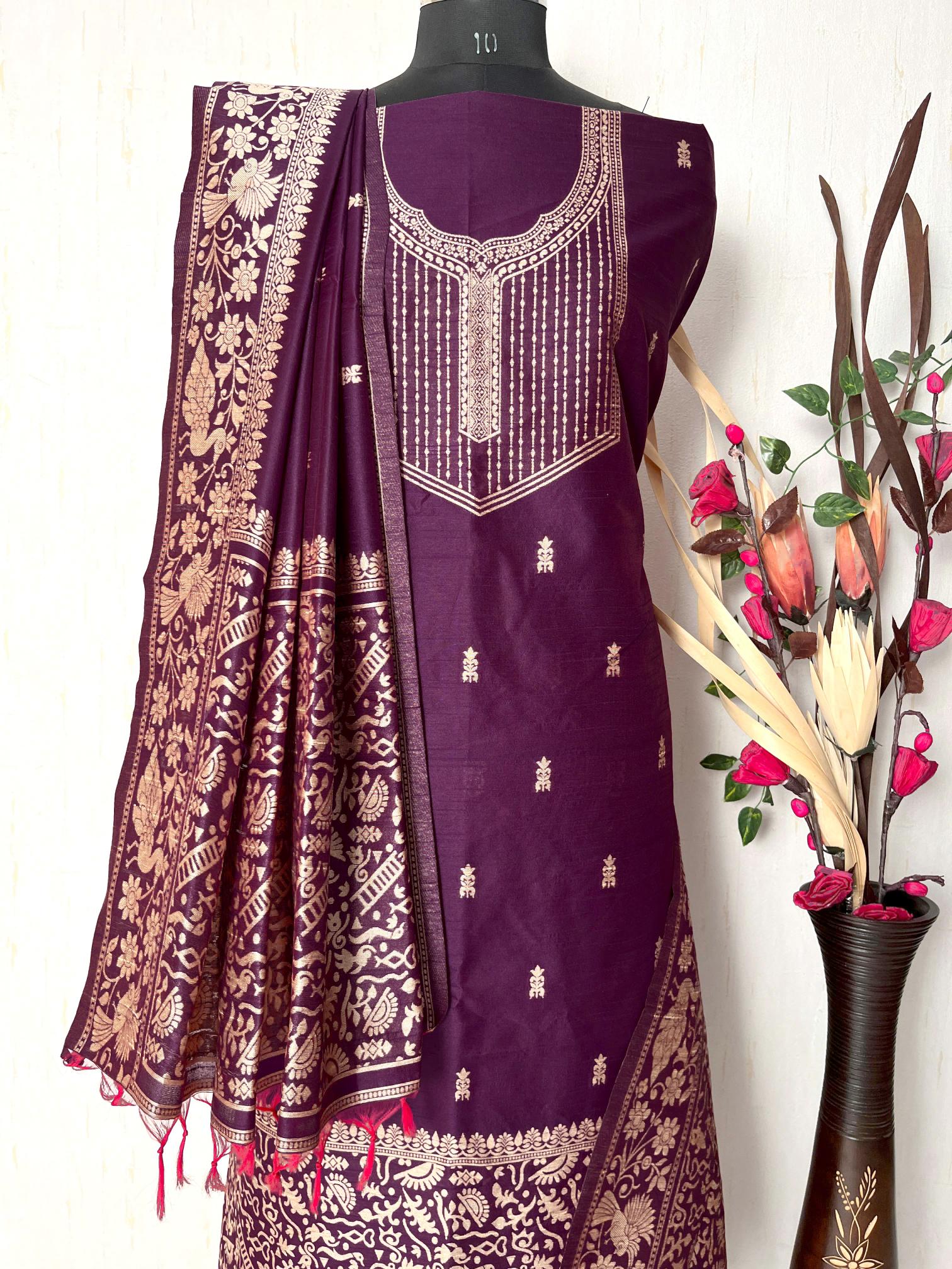 Wine Handloom Raw Silk Warli Work Unstitched 3pis Dress Material