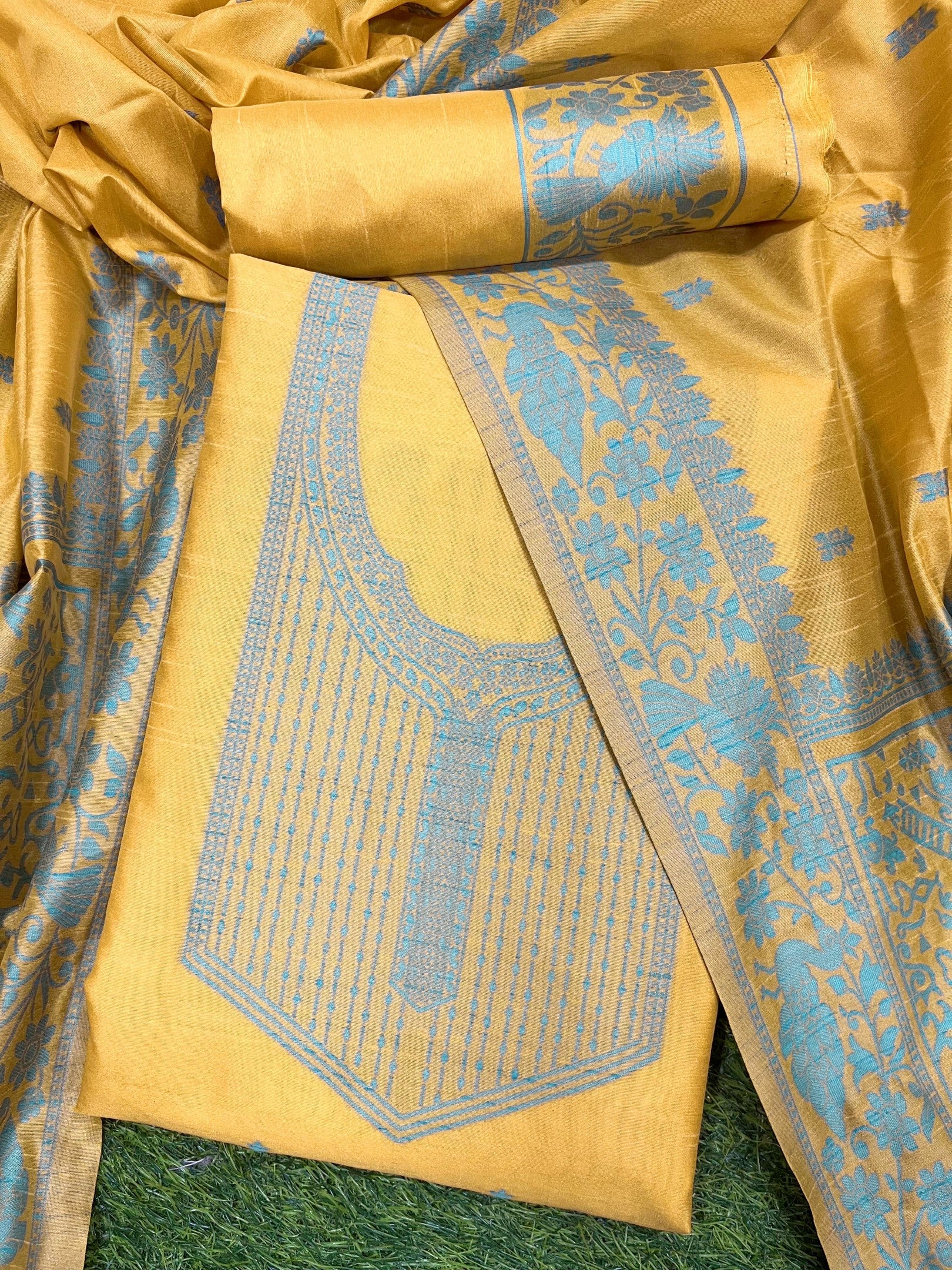 Yellow Handloom Raw Silk Warli Work Unstitched 3pis Dress Material
