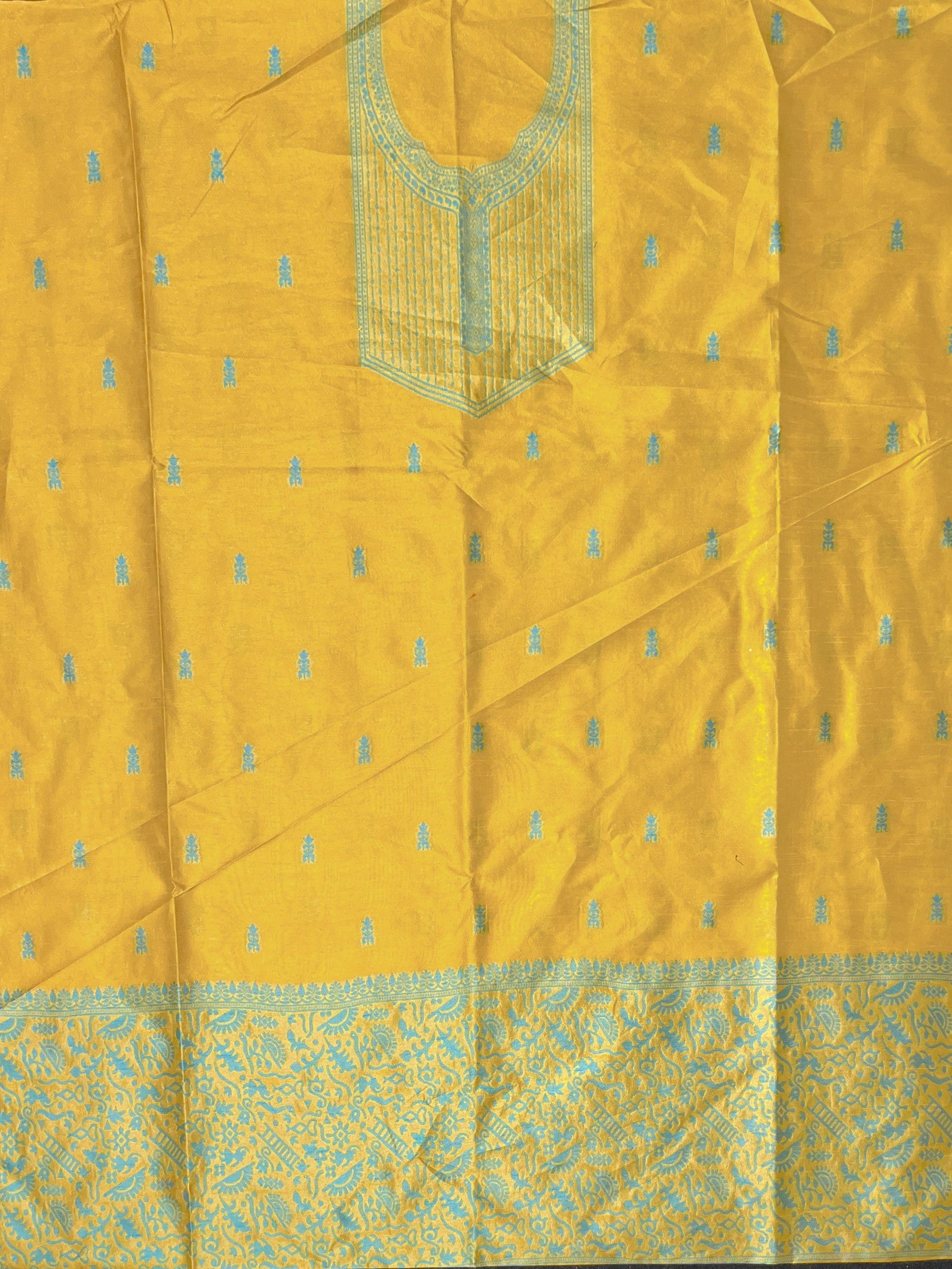 Yellow Handloom Raw Silk Warli Work Unstitched 3pis Dress Material