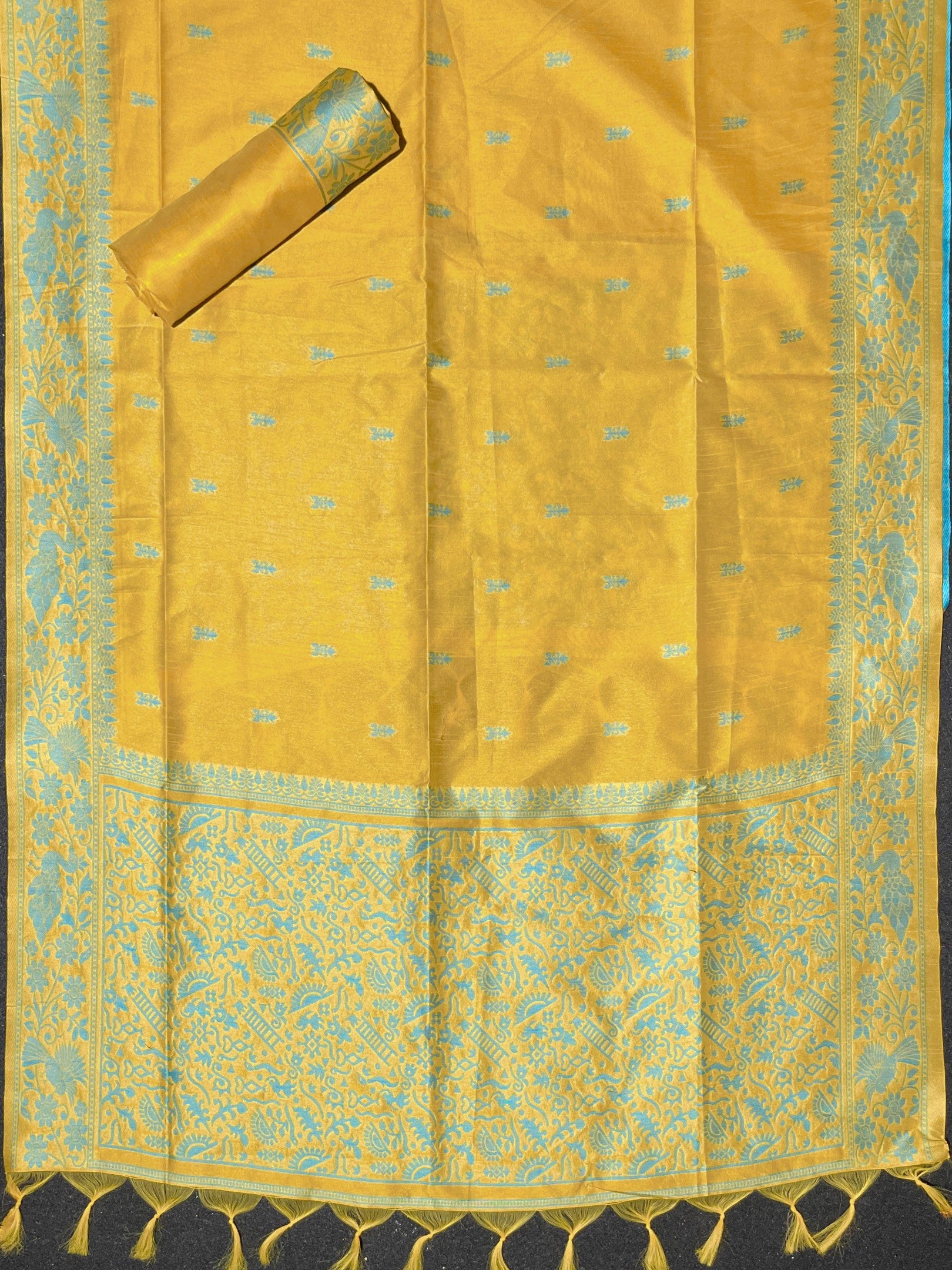 Yellow Handloom Raw Silk Warli Work Unstitched 3pis Dress Material