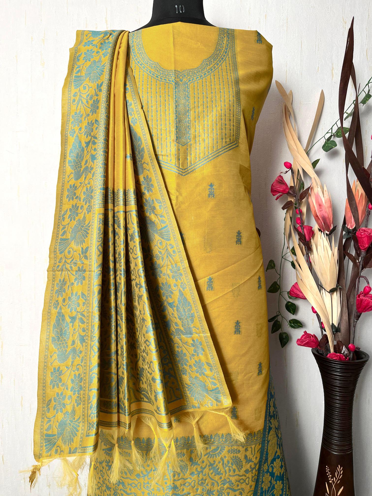 Yellow Handloom Raw Silk Warli Work Unstitched 3pis Dress Material