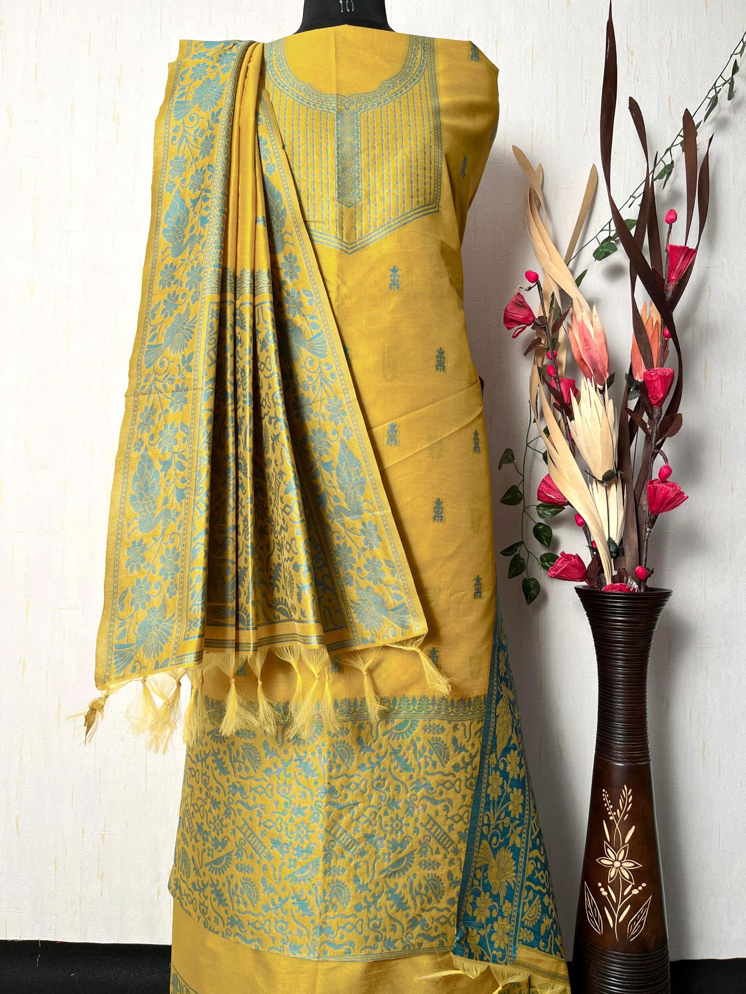 Yellow Handloom Raw Silk Warli Work Unstitched 3pis Dress Material