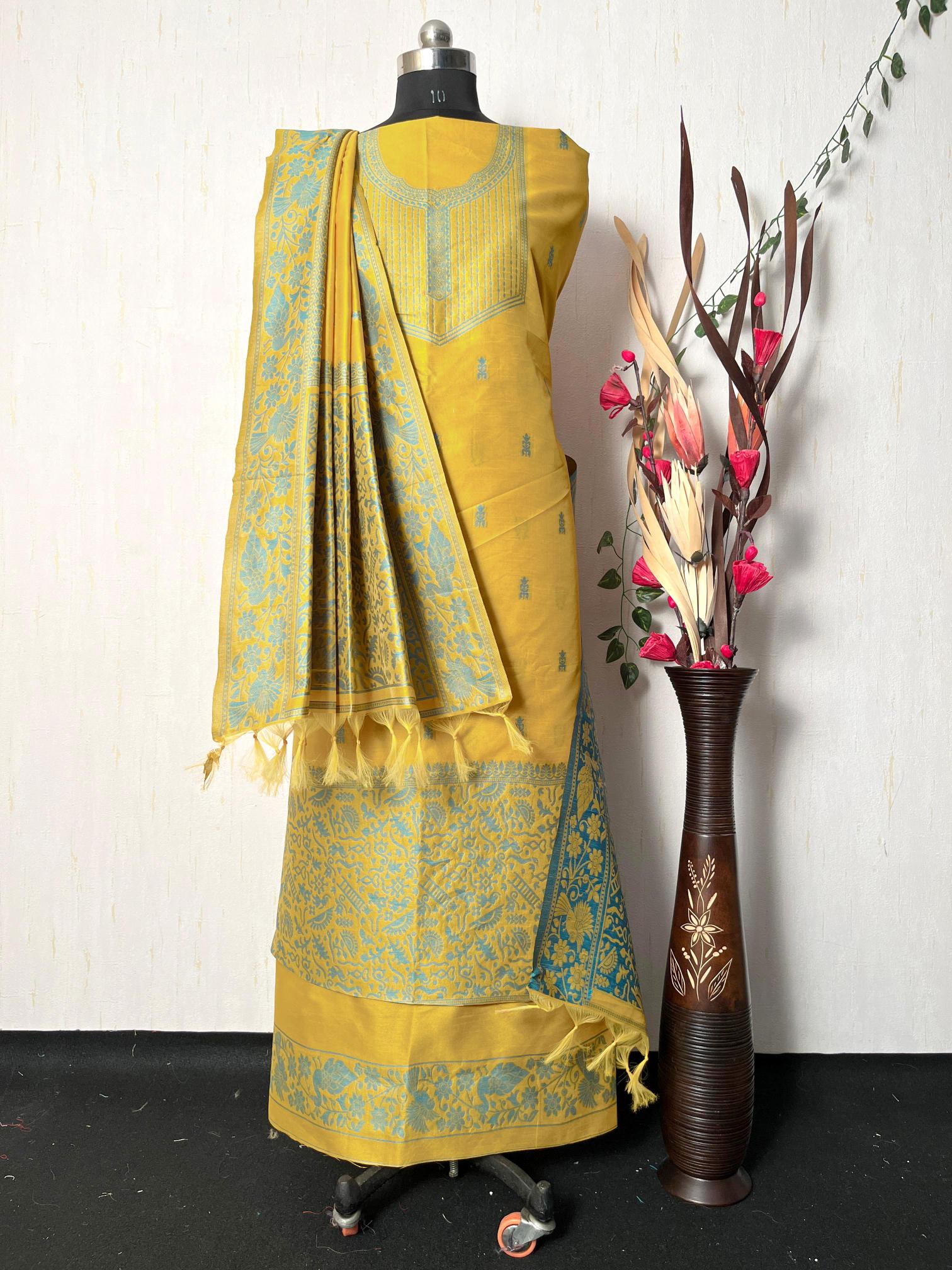Yellow Handloom Raw Silk Warli Work Unstitched 3pis Dress Material