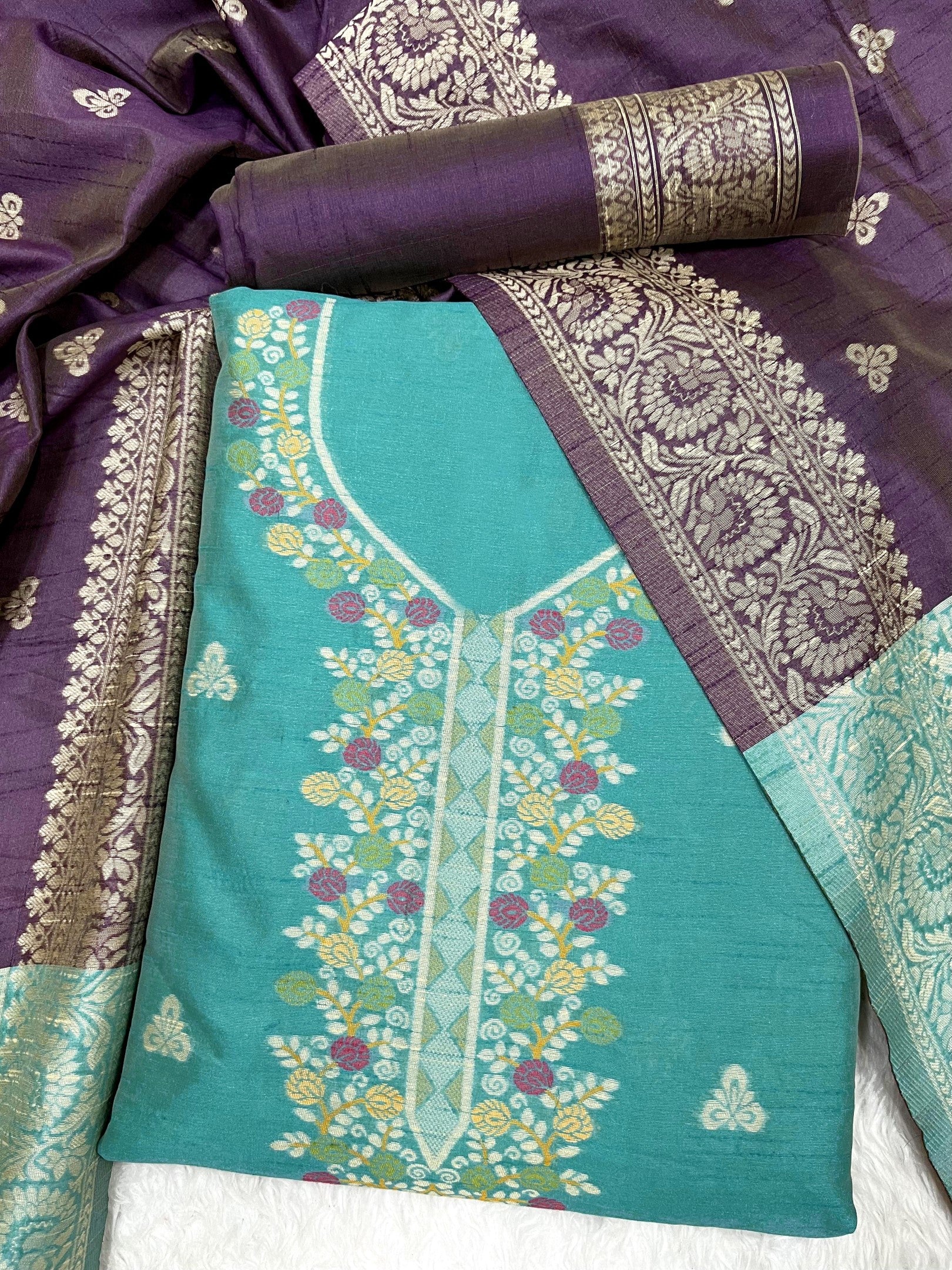 Rama Handloom Raw Silk Warli Work With Contrast Daman Dupatta Dress Material