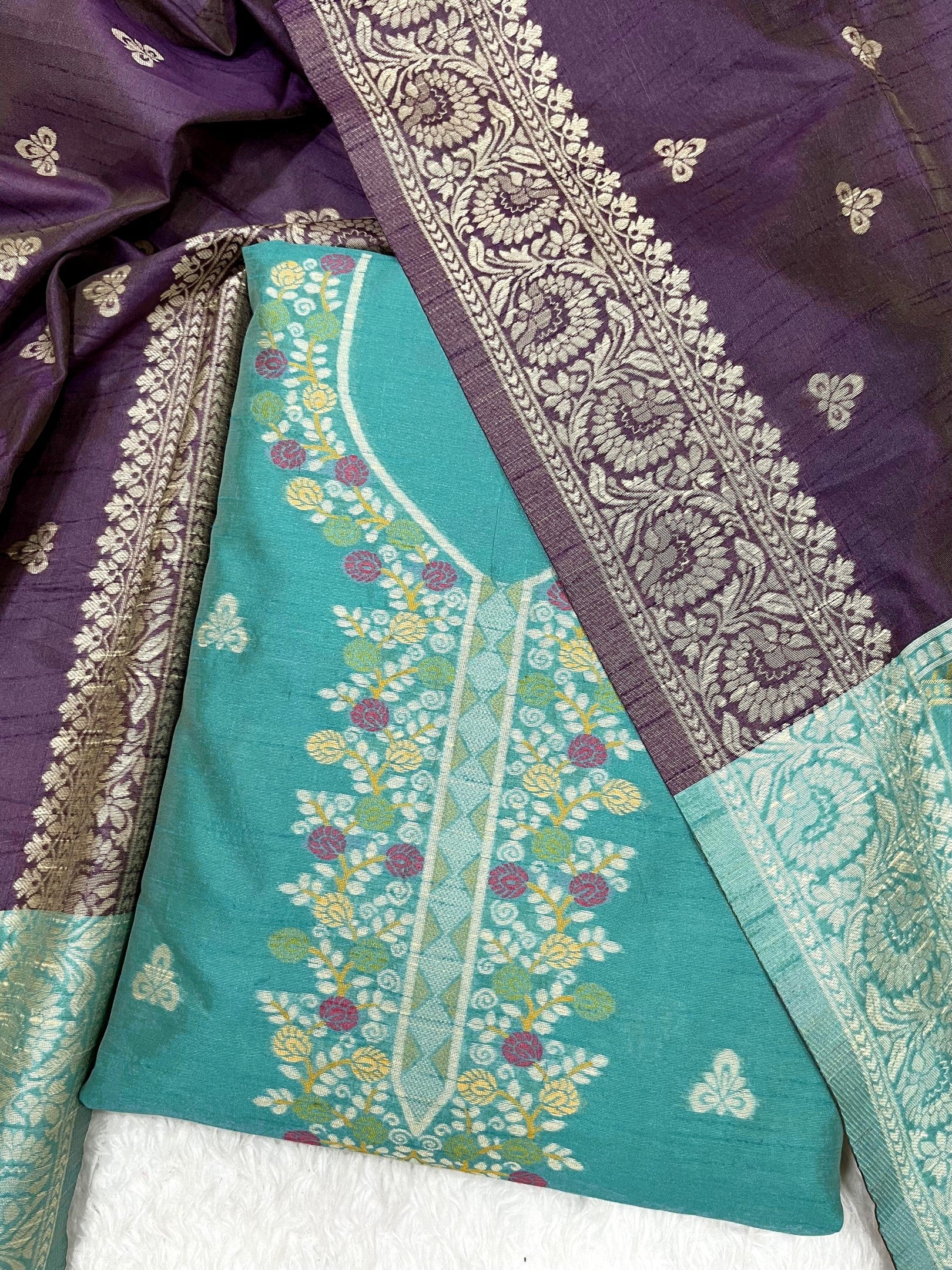 Rama Handloom Raw Silk Warli Work With Contrast Daman Dupatta Dress Material