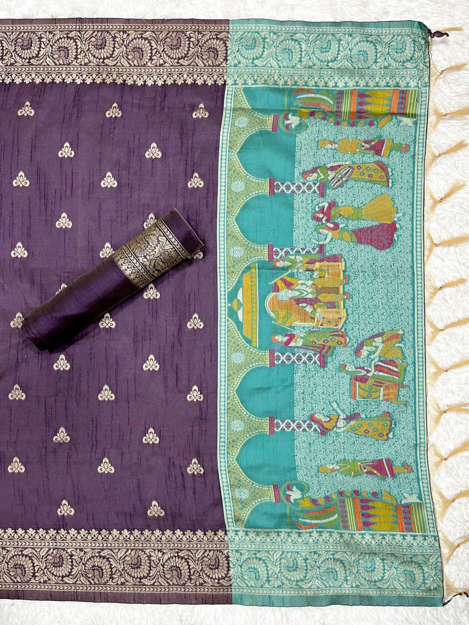 Rama Handloom Raw Silk Warli Work With Contrast Daman Dupatta Dress Material