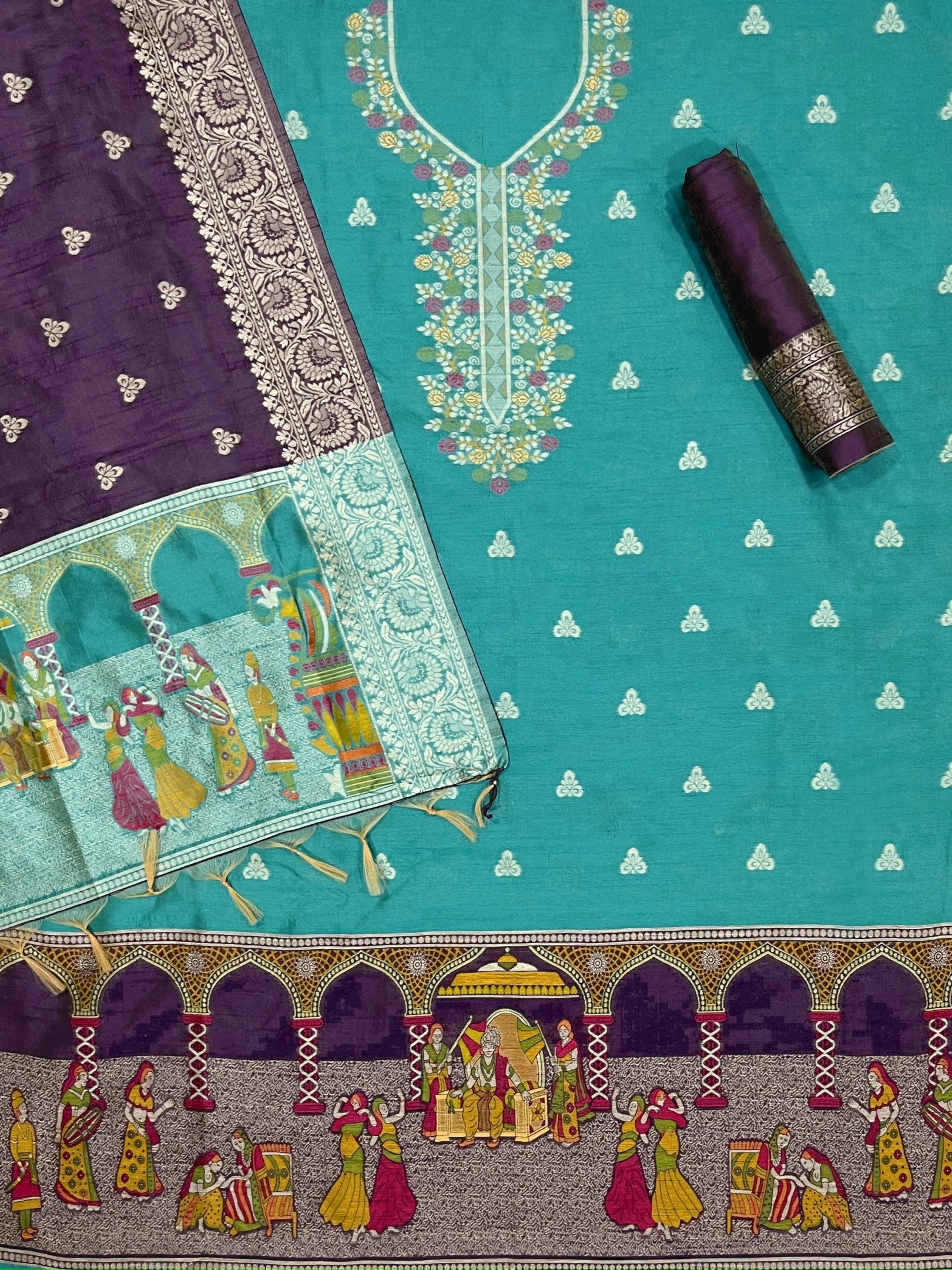 Rama Handloom Raw Silk Warli Work With Contrast Daman Dupatta Dress Material