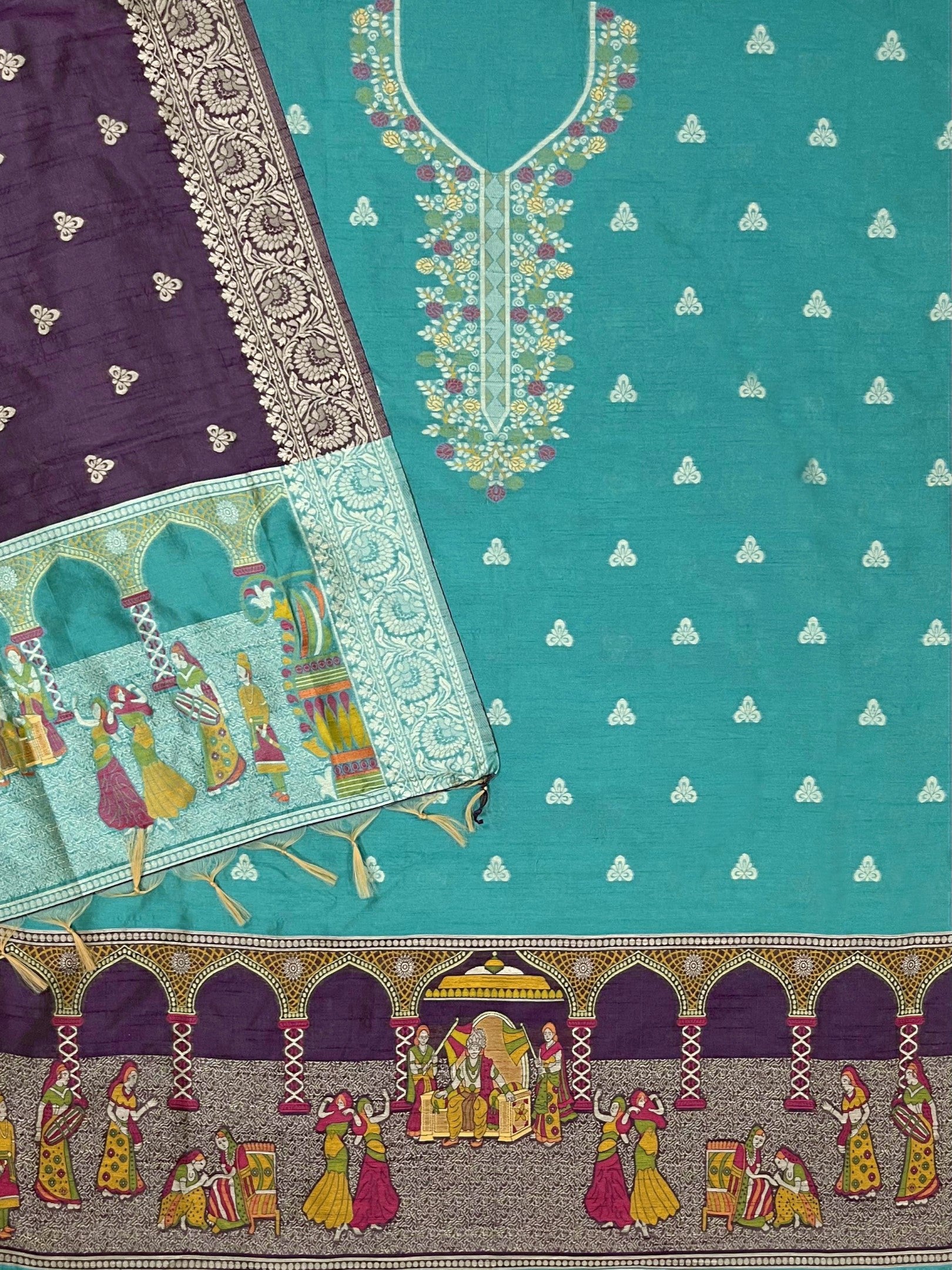 Rama Handloom Raw Silk Warli Work With Contrast Daman Dupatta Dress Material