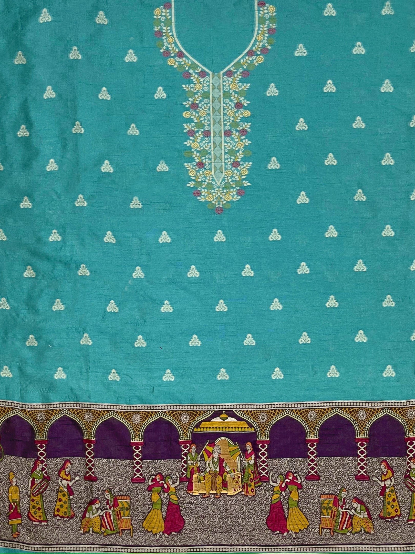 Rama Handloom Raw Silk Warli Work With Contrast Daman Dupatta Dress Material